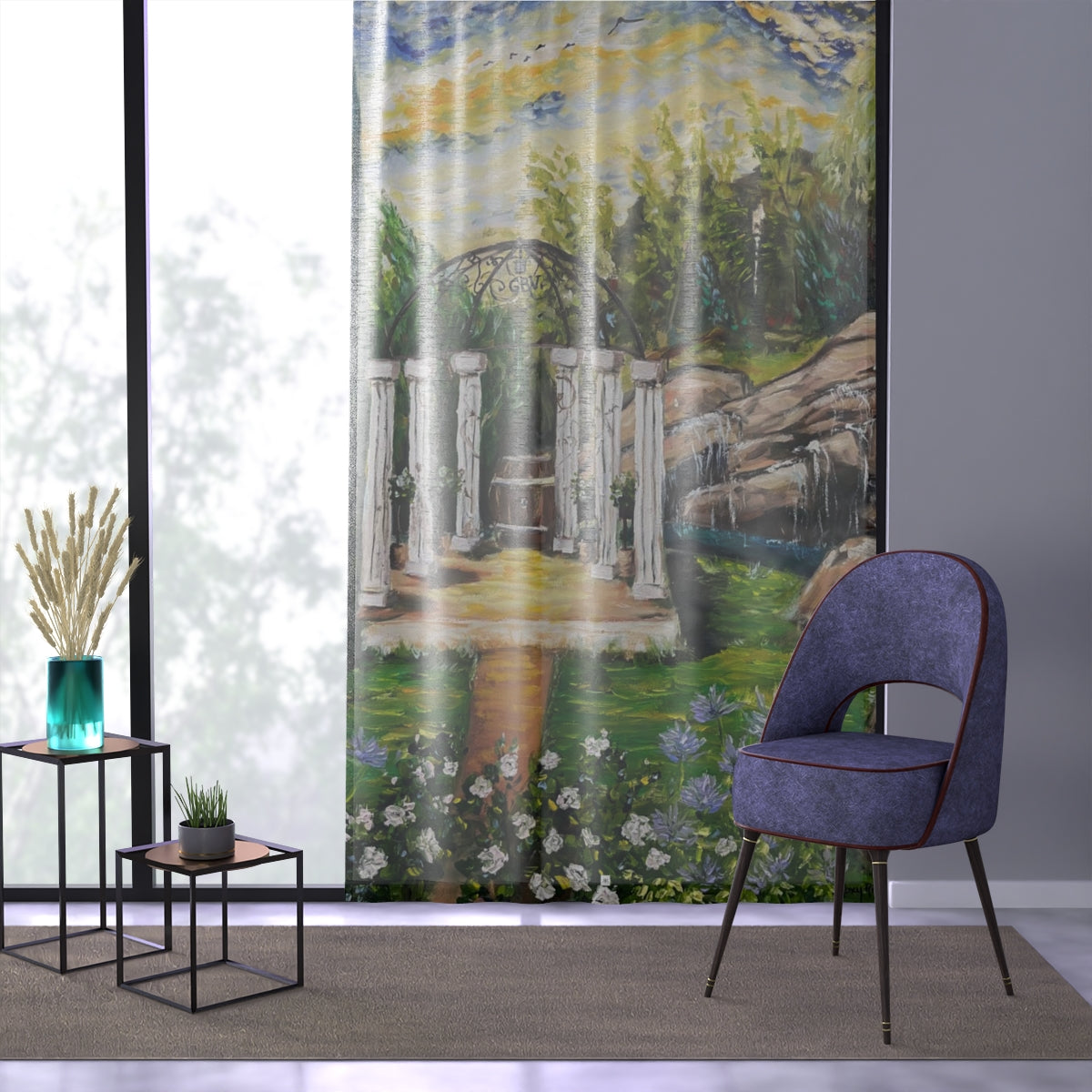 Pérgola en GBV impresa en cortina transparente de ventana de 84 x 50 pulgadas