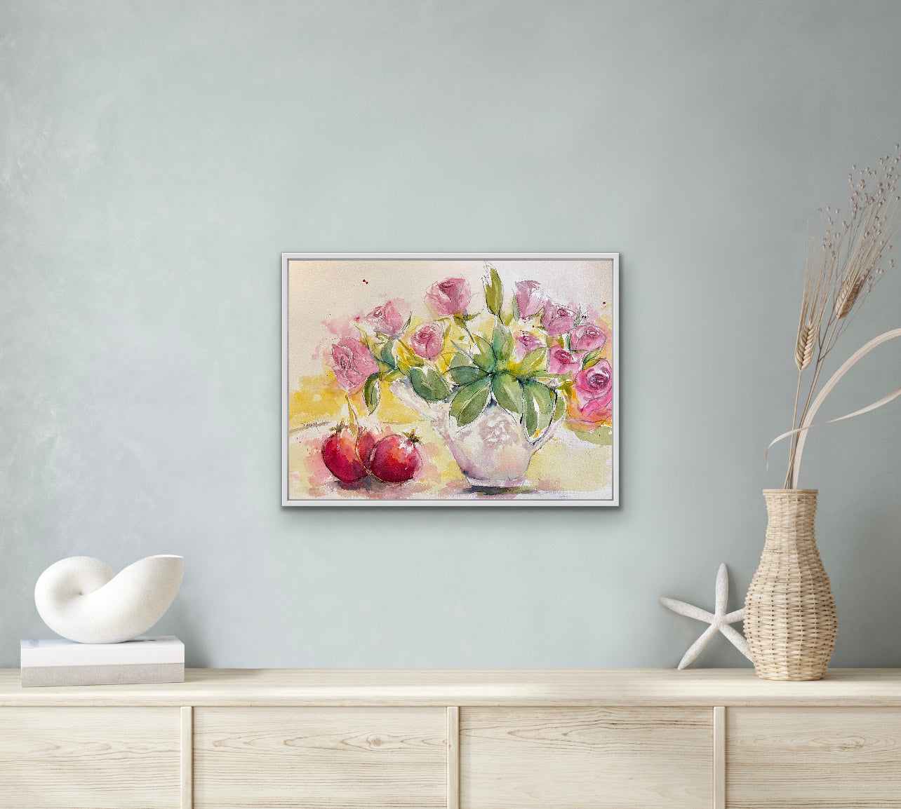 Roses and Pomegranates Original Loose Floral Watercolor Painting