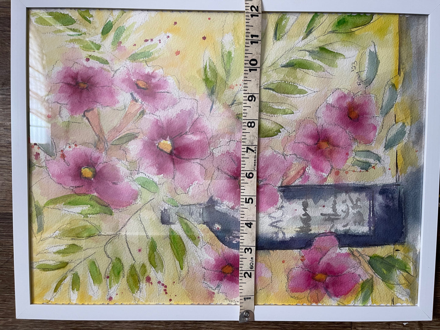 Botella y flores Pintura original de acuarela enmarcada