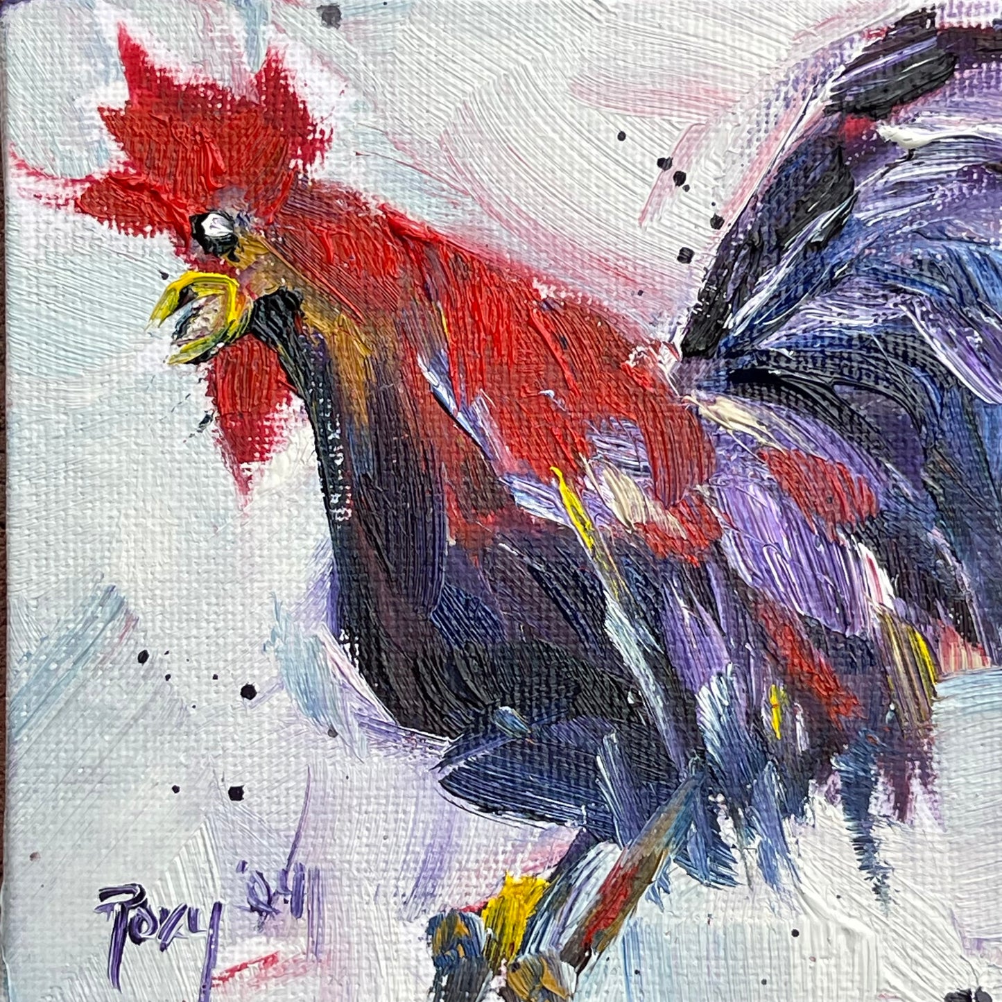 As the Rooster Crows Original Oil Painting 4x4 Framed