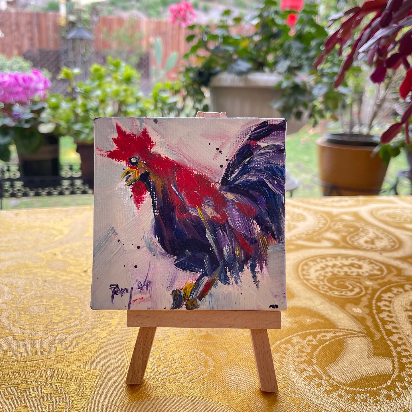 As the Rooster Crows Original Oil Painting 4x4 Framed