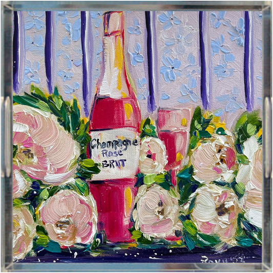 Champagne Rose et Pivoines-Champagne et fleurs- Plateau Acrylique Carré