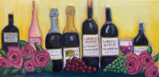 Lorenzi Estate Vino y Rosas-Original Pintura Pastel al Óleo 10 x 20 Enmarcada