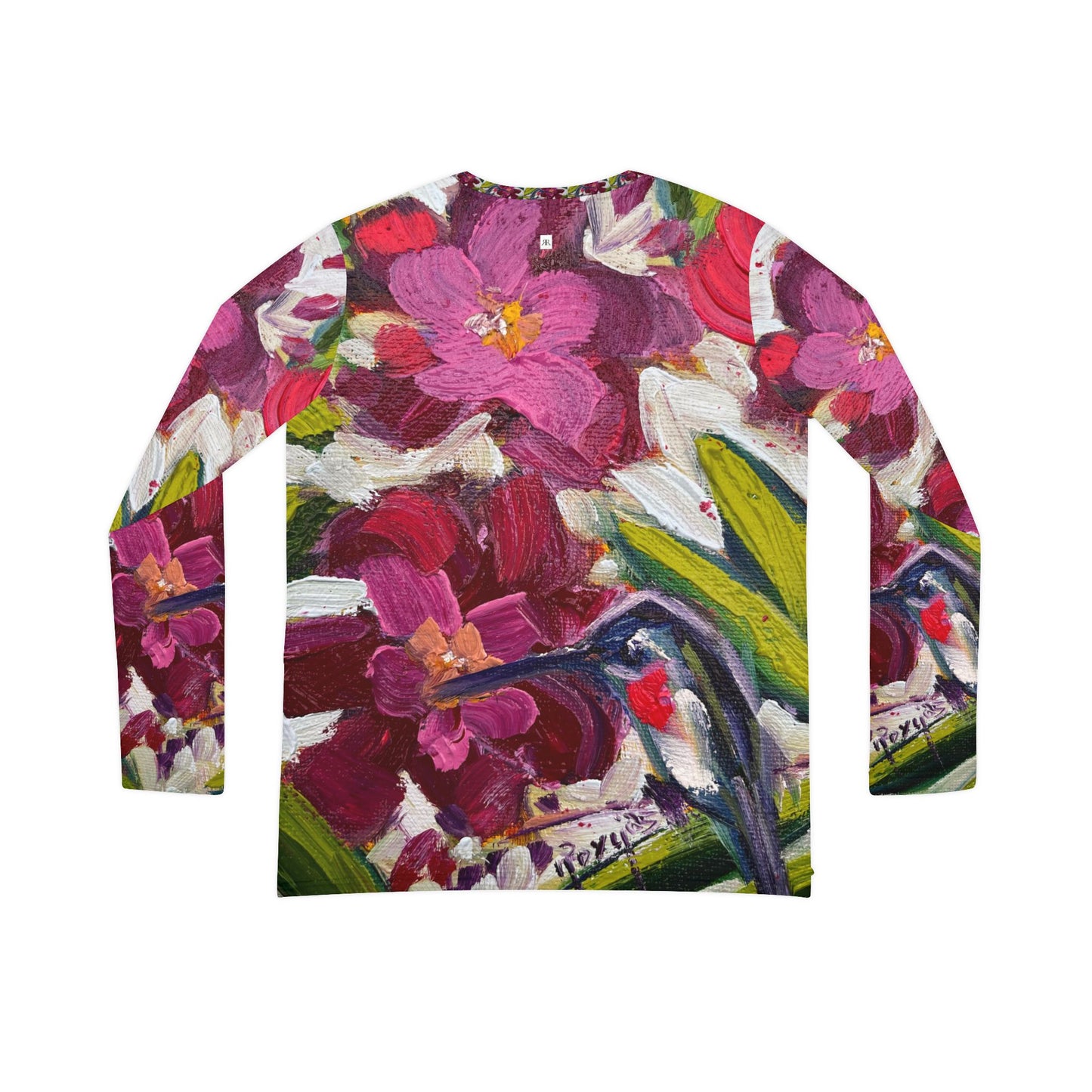 Women's Long Sleeve V-neck Shirt -Fleeting Beauty=Hummingbird with Oleander Blooms