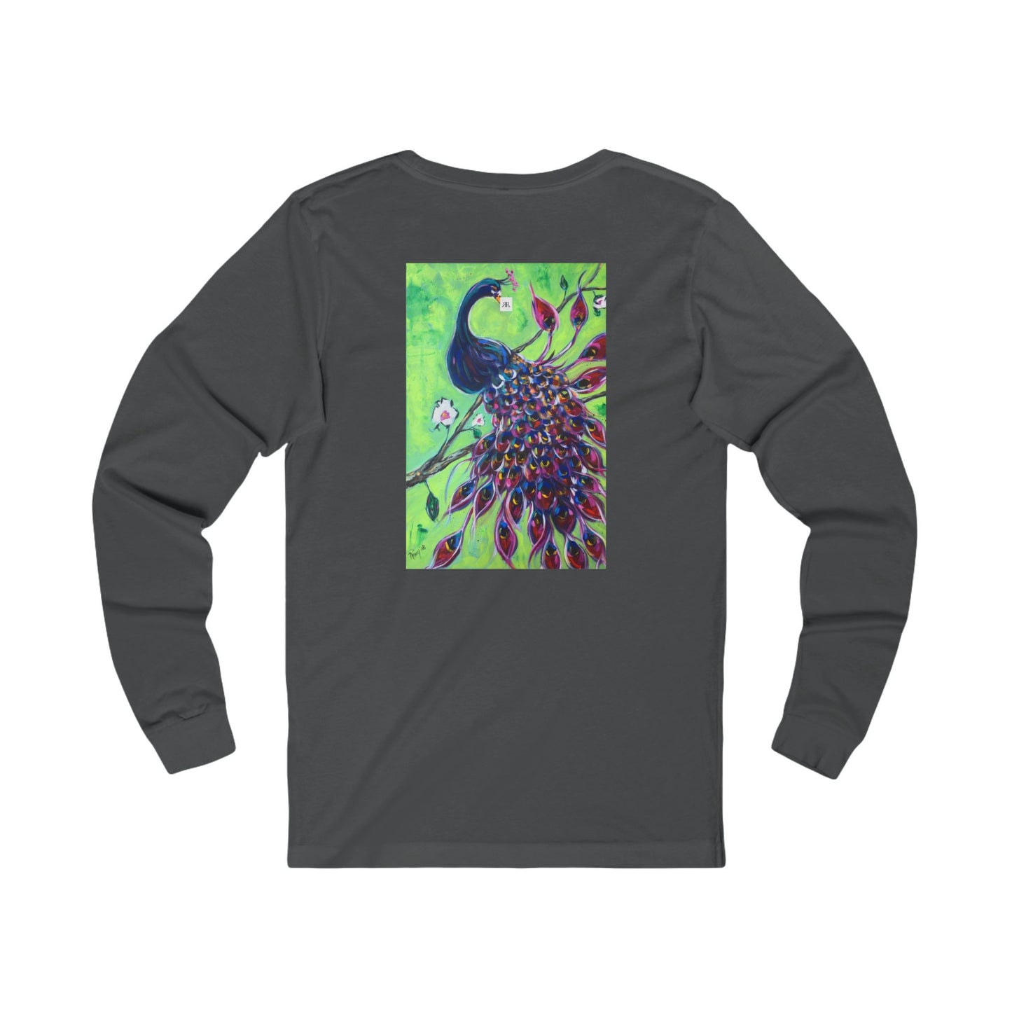 Unisex Jersey Long Sleeve Tee-Image on Back-Royal Plumage Peacock