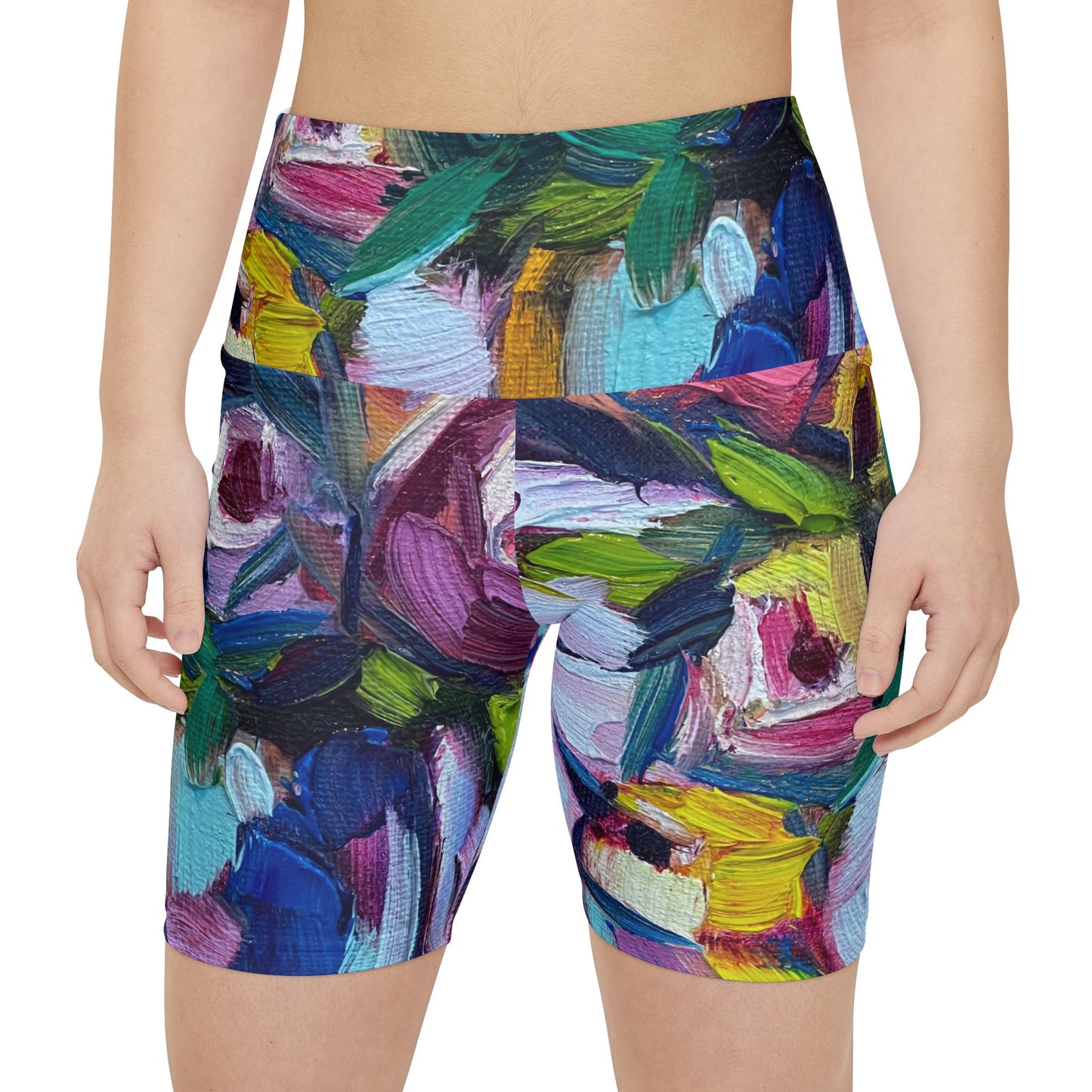 Women's Workout Shorts - Abstract Roses and Tit Bird