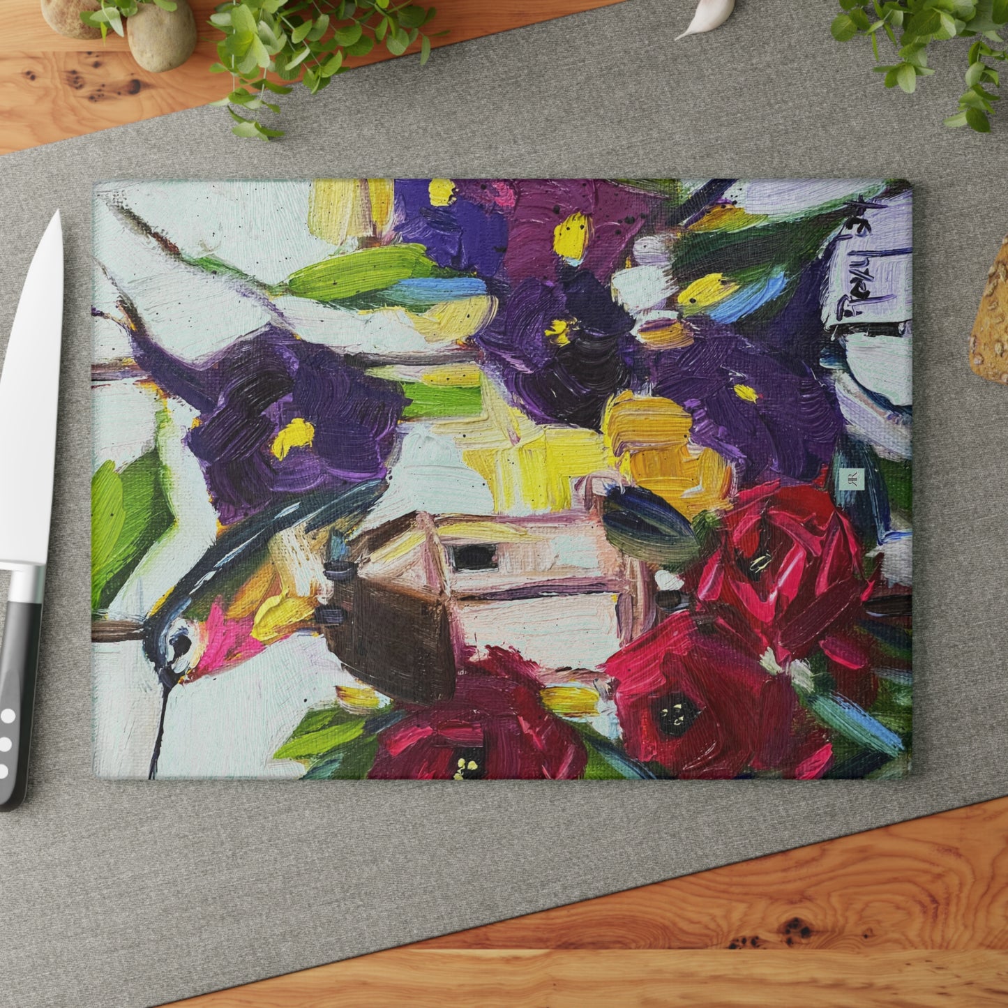 Hummingbird by the Window Glass Cutting Board