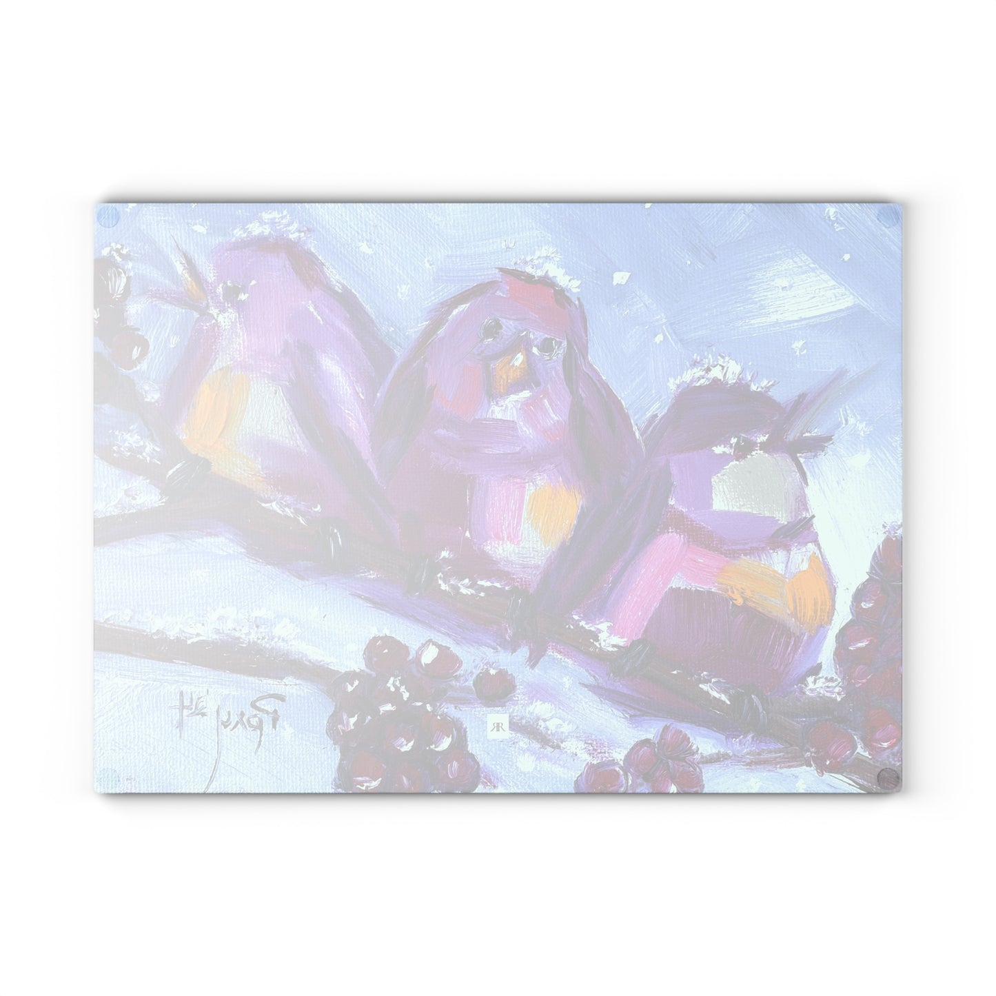 Glass Cutting Board-Whimsical Chirpy Birds Perched on a Snowy Branch with Berries