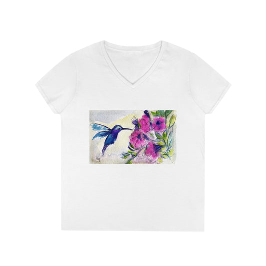 Camiseta de cuello en V para mujer Colibrí con flores de tubo rosa