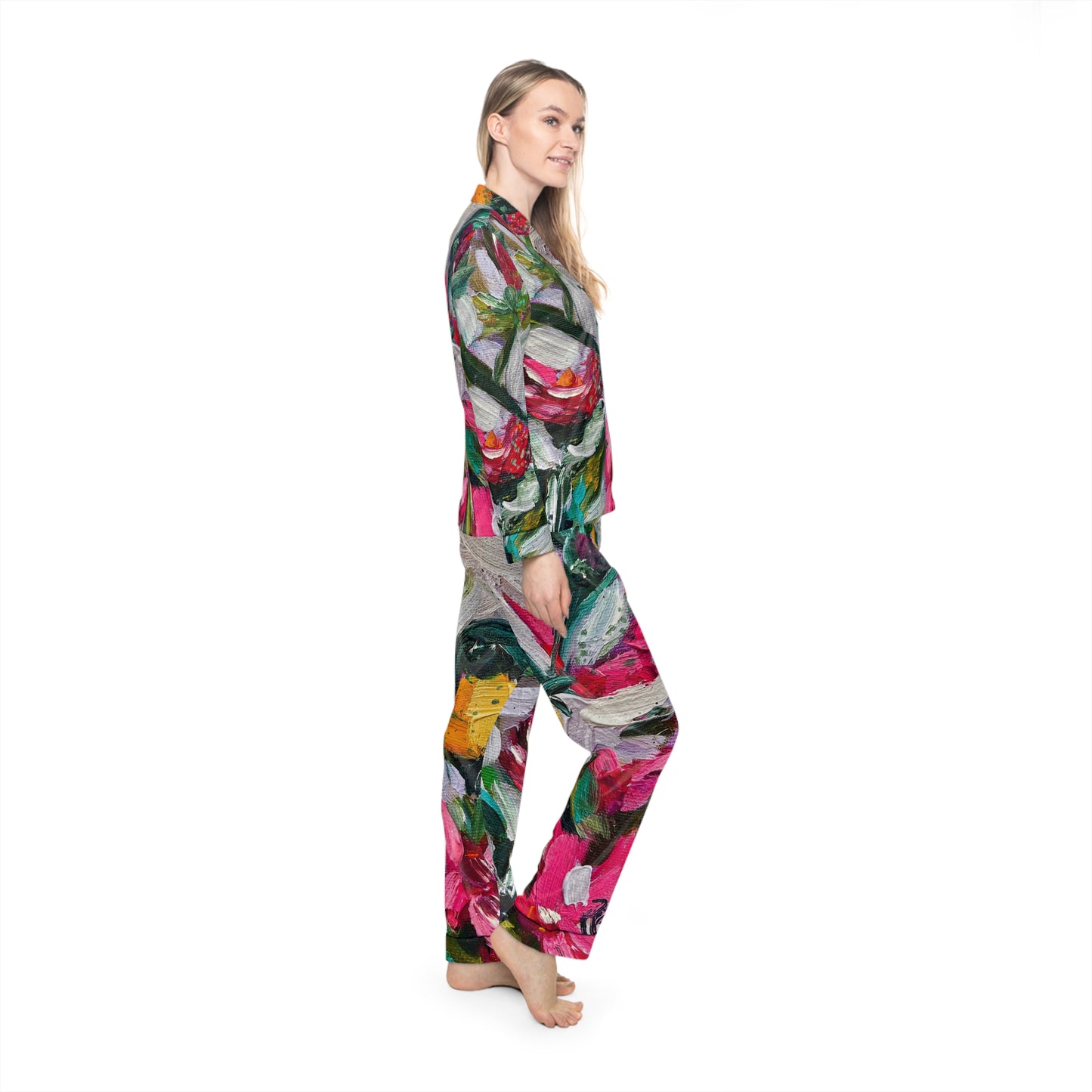 Satin Pajamas - Colorful Encounter Bird and Floral Print