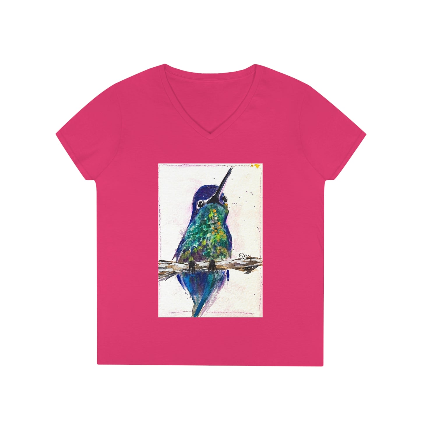 Camiseta con cuello en V para mujer Adorable colibrí de vientre pulido