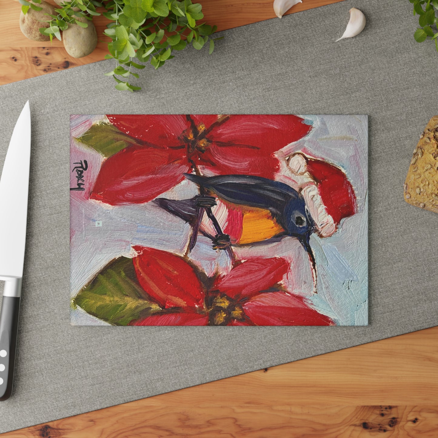 Holiday Hummingbird Glass Cutting Board