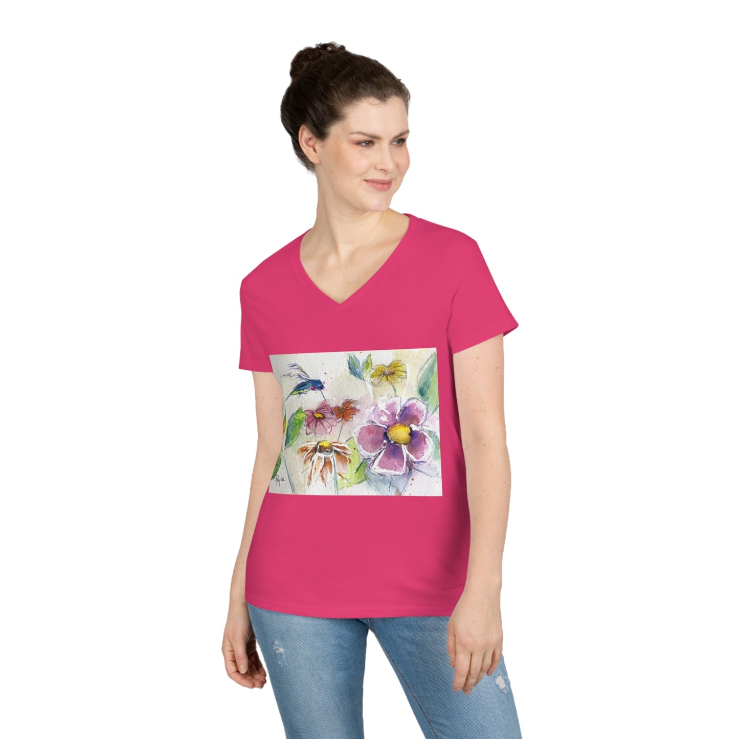 Hummingbird in the Flower Garden Ladies' V-Neck T-Shirt