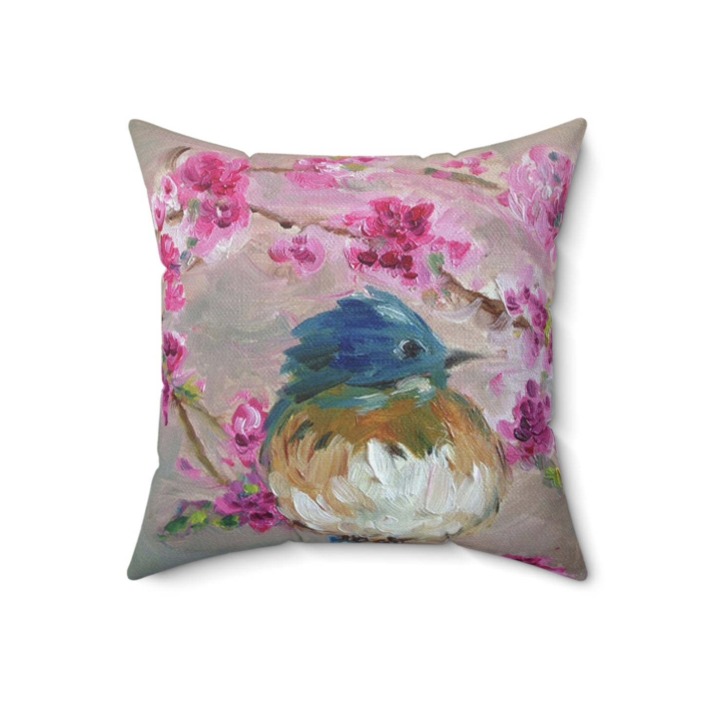 Bluebird in Cherry Blossoms Indoor Spun Polyester Square Pillow