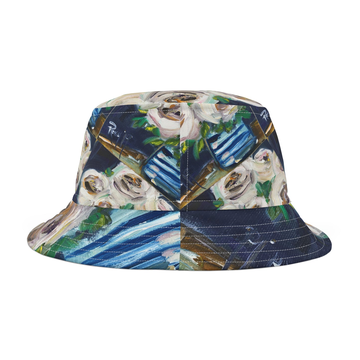 White Roses in a Striped Vase Bucket Hat