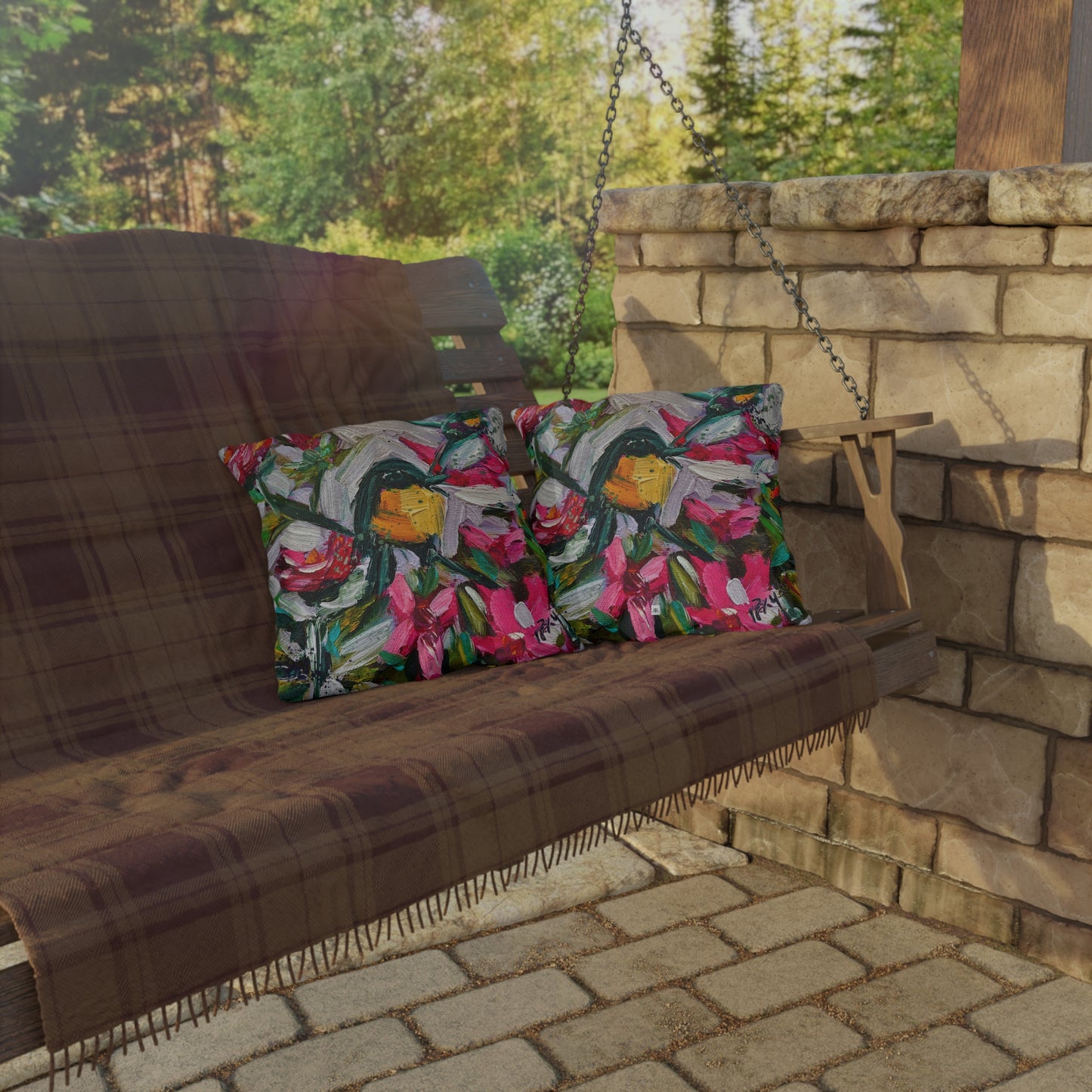 Outdoor Pillows-Colorful Encounter Goldfinch and Hummingbird