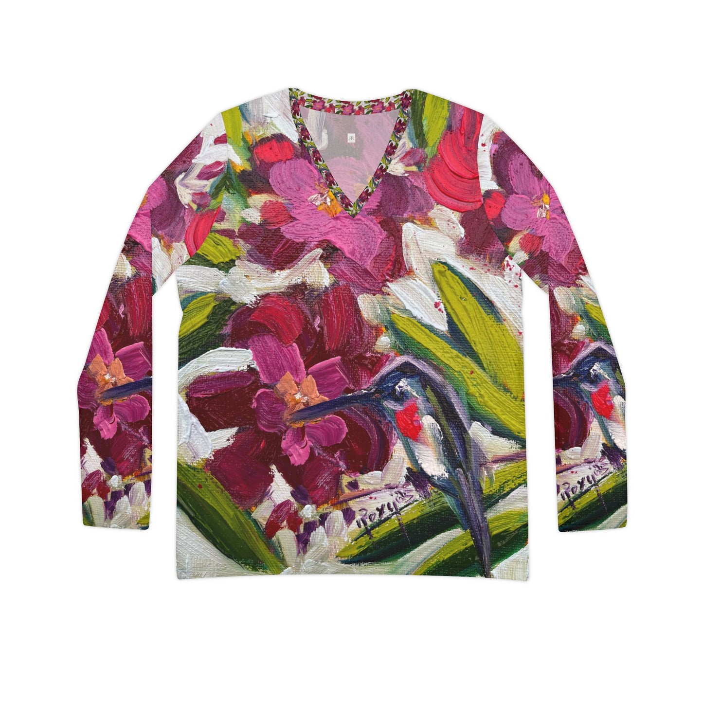 Women's Long Sleeve V-neck Shirt -Fleeting Beauty=Hummingbird with Oleander Blooms