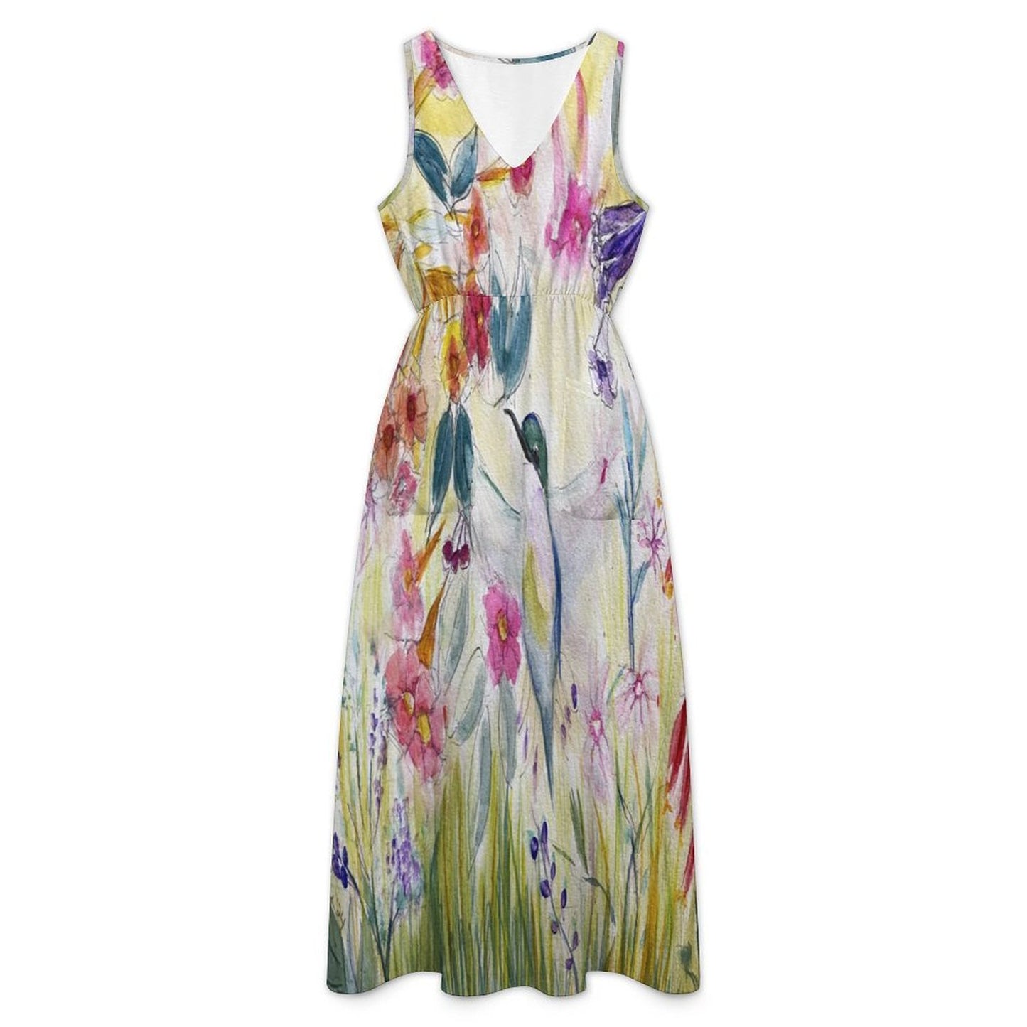 Hummingbird in a Tube Flower Garden-Garden Party Dress Sleeveless V-neck Midi Dress