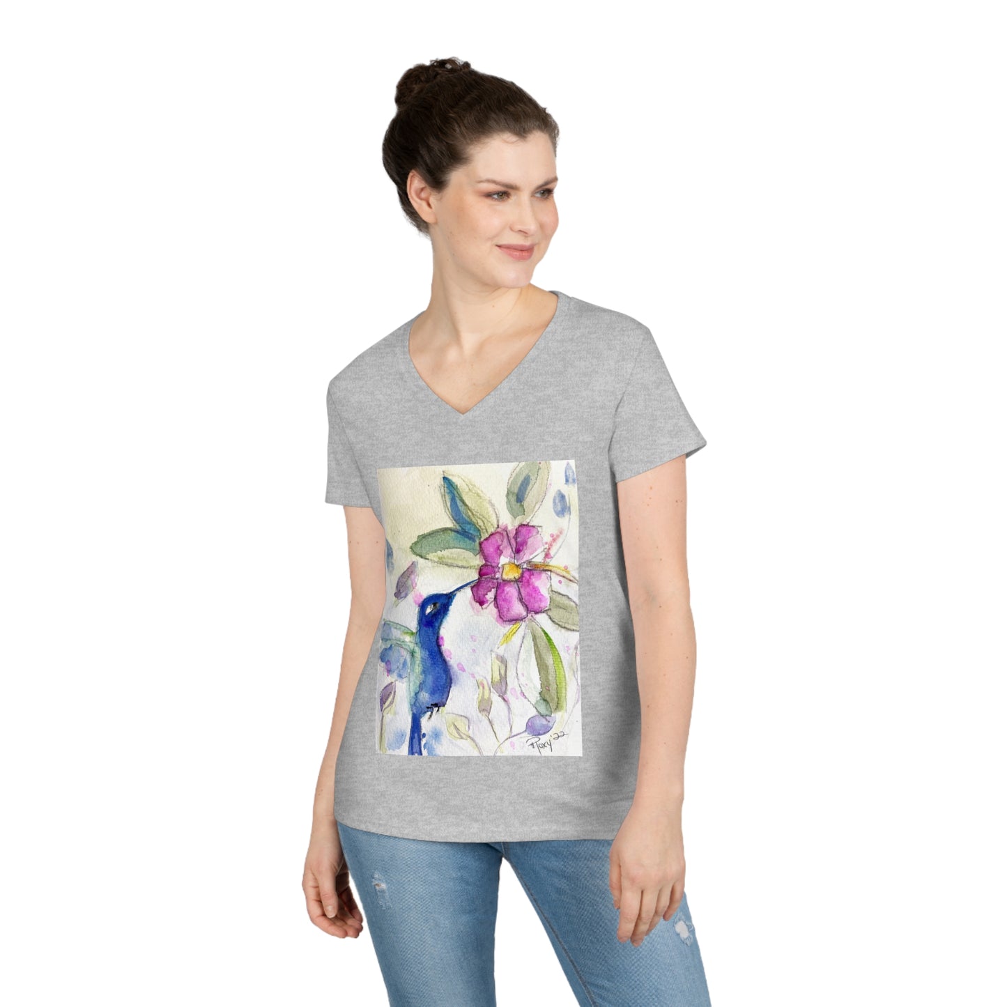 Camiseta con cuello en V para mujer Colibrí en la primavera