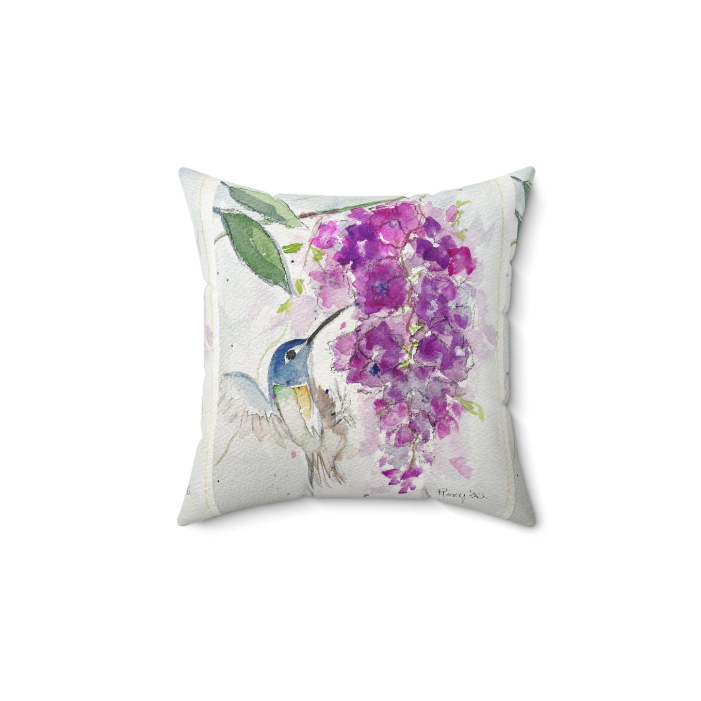 Hummingbird with Pink Wisteria Indoor Spun Polyester Square Pillow