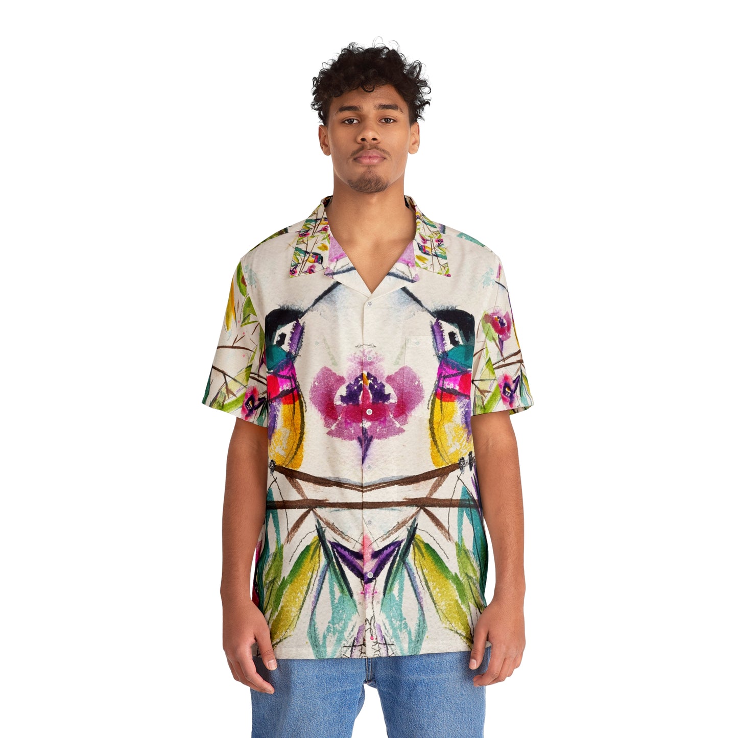 Pretty Perch Whimsical Hummingbird Men's Hawaiian Shirt