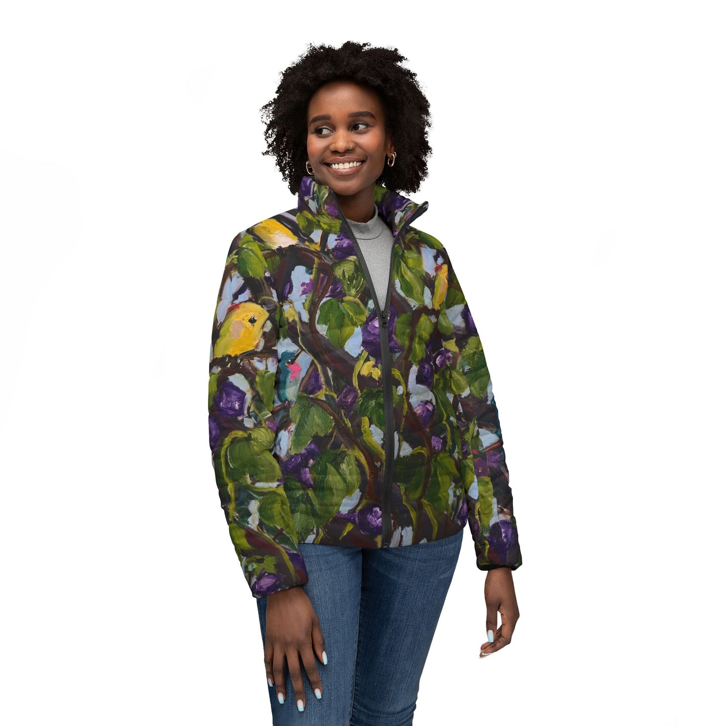 Women's Puffer Jacket - Roxy Rich Fine Art Design-Birds on the Lattice