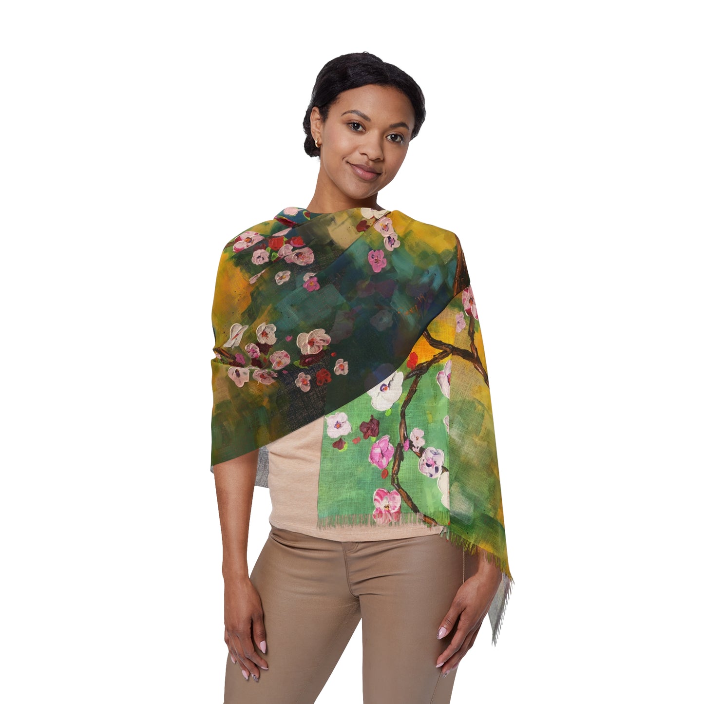 Colorful Scarf — Artistic Lightweight Neck Wrap- Abstract Cherry Blossoms