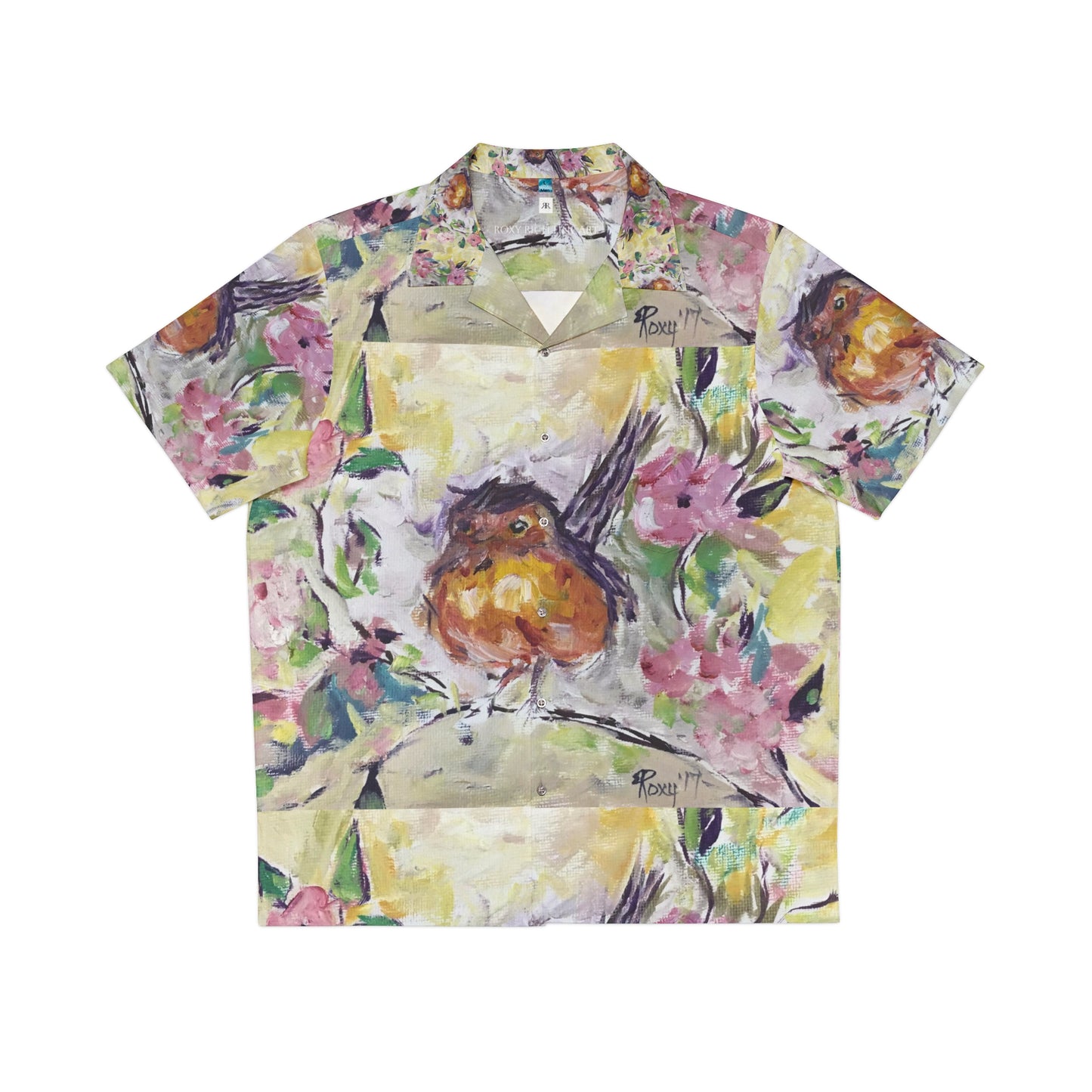 Men's Hawaiian Shirt- Robin in Cherry Blossoms