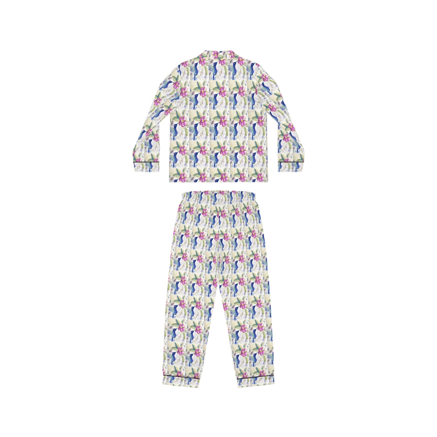 Satin Pajamas — Luxurious Silky Sleepwear Set- Hummingbird in Spring