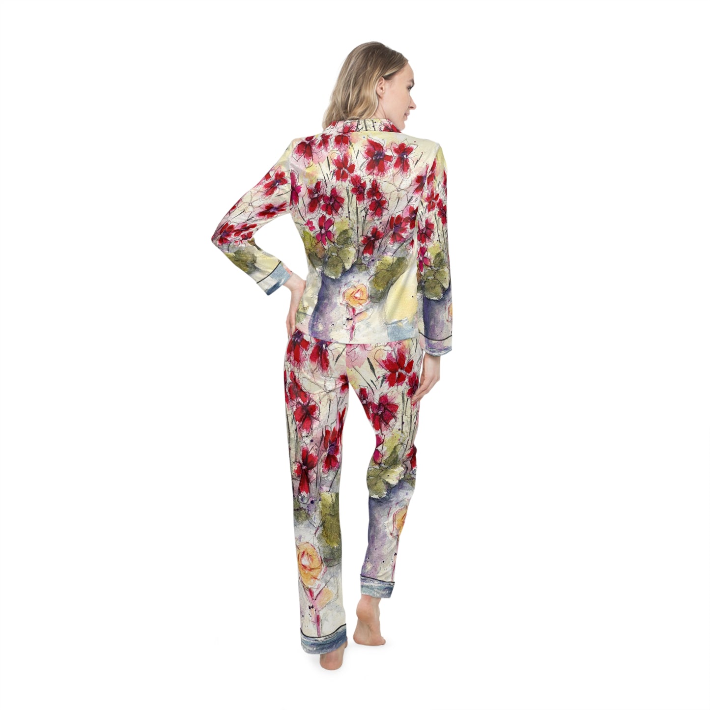 Satin Pajama Set — Valentine's & Mother's Day Floral Sleepwear-Red Ivy Geraniums