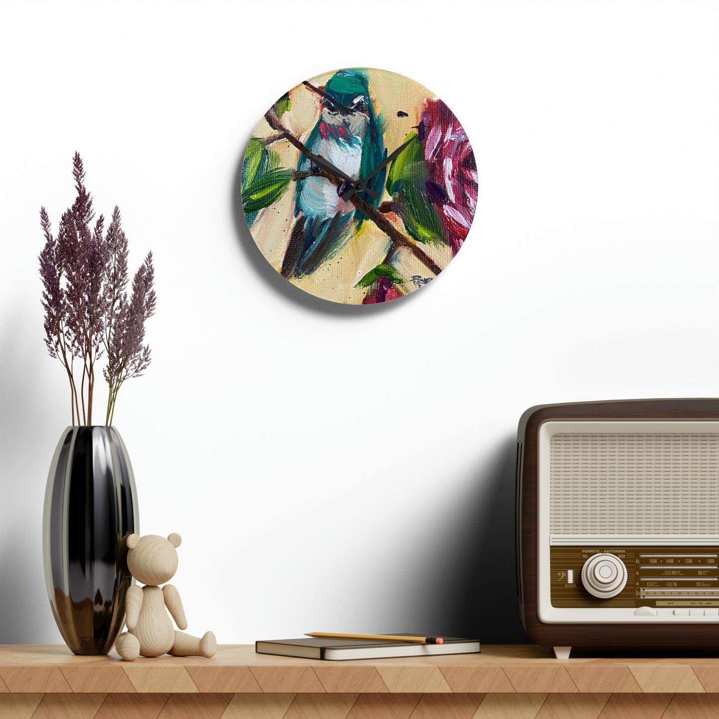 Hummingbird on a Rose Bush Acrylic Wall Clock