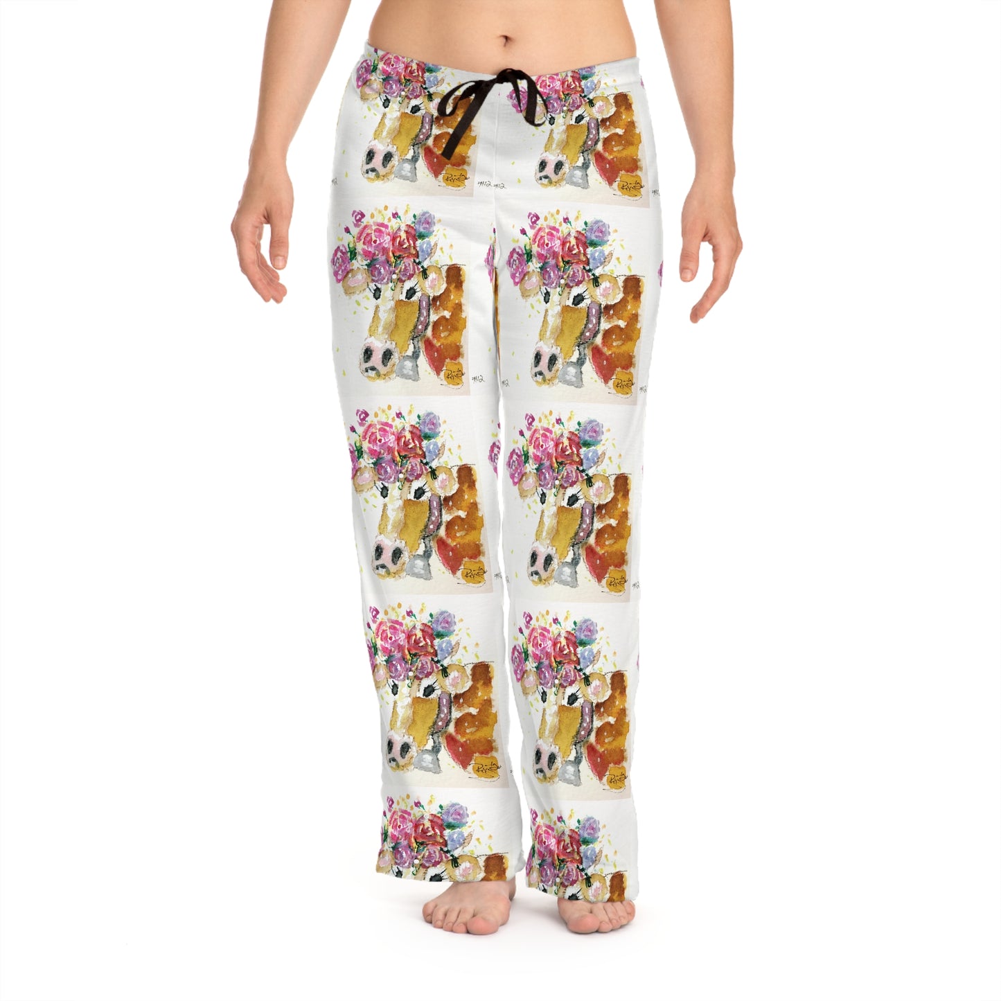 Pajama Pants - Adorable Cow with Flowers on its Head- Women's Pajama Pants