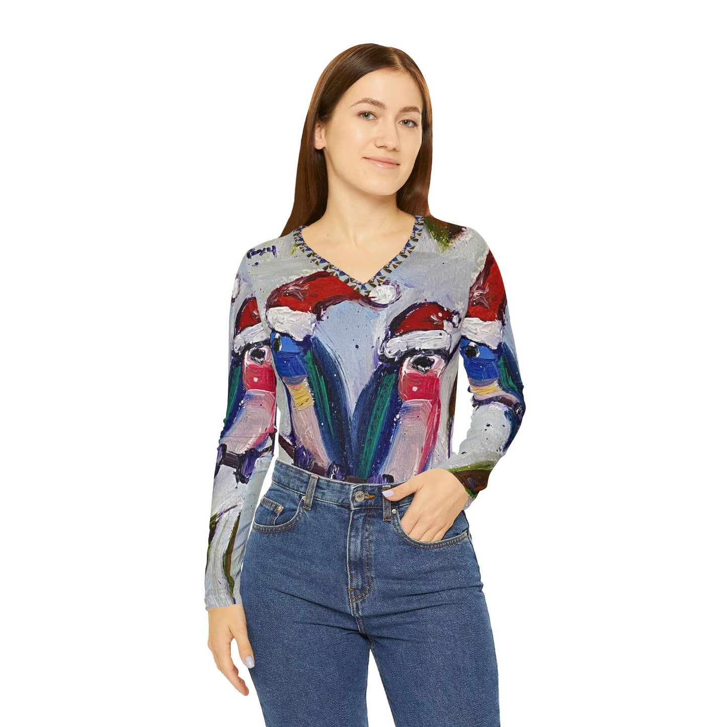 Holiday Hummingbirds- All over Print Women's Long Sleeve V-neck Shirt