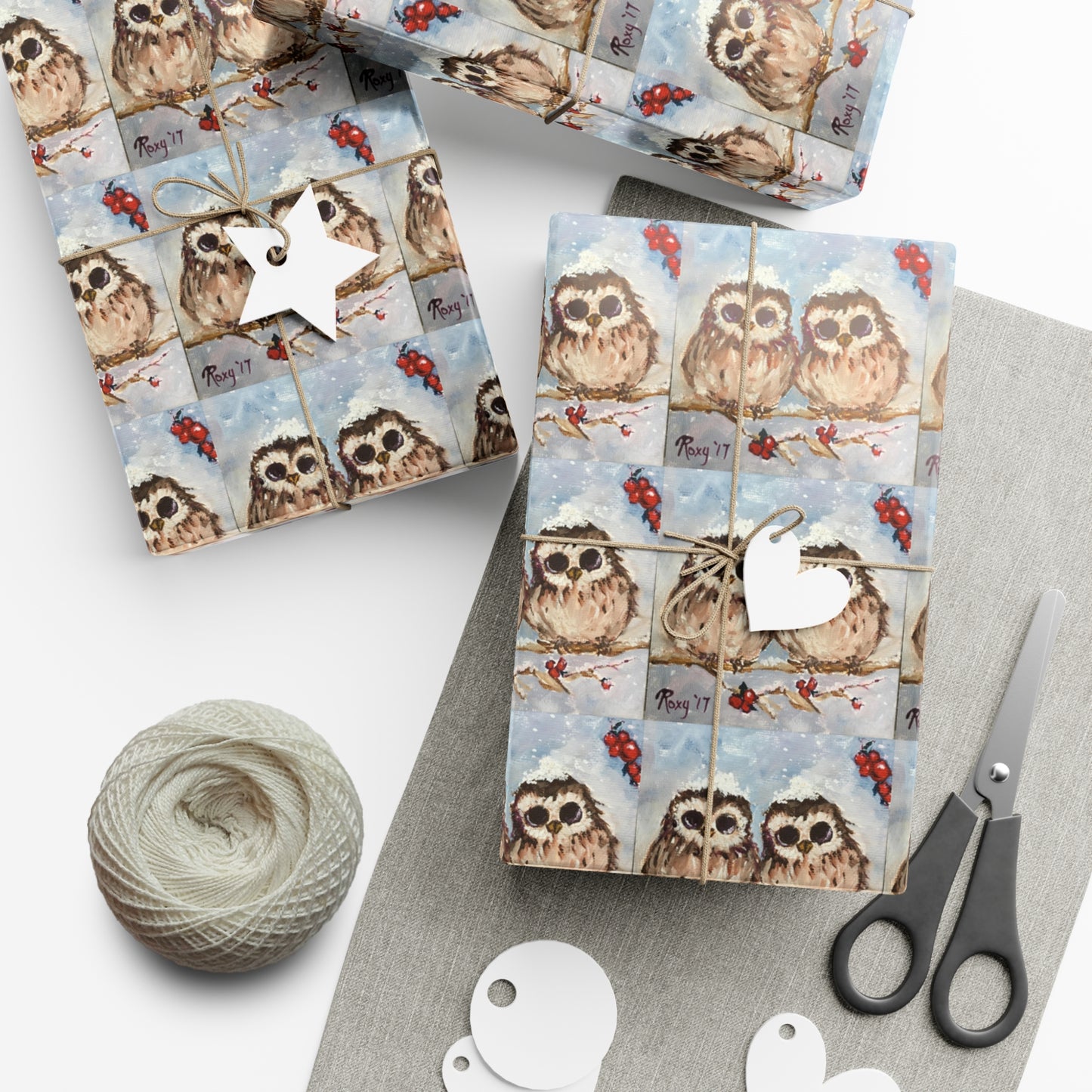 Adorable Owl Chicks with Snow & Berries Gift Wrapping Paper-Ships from America