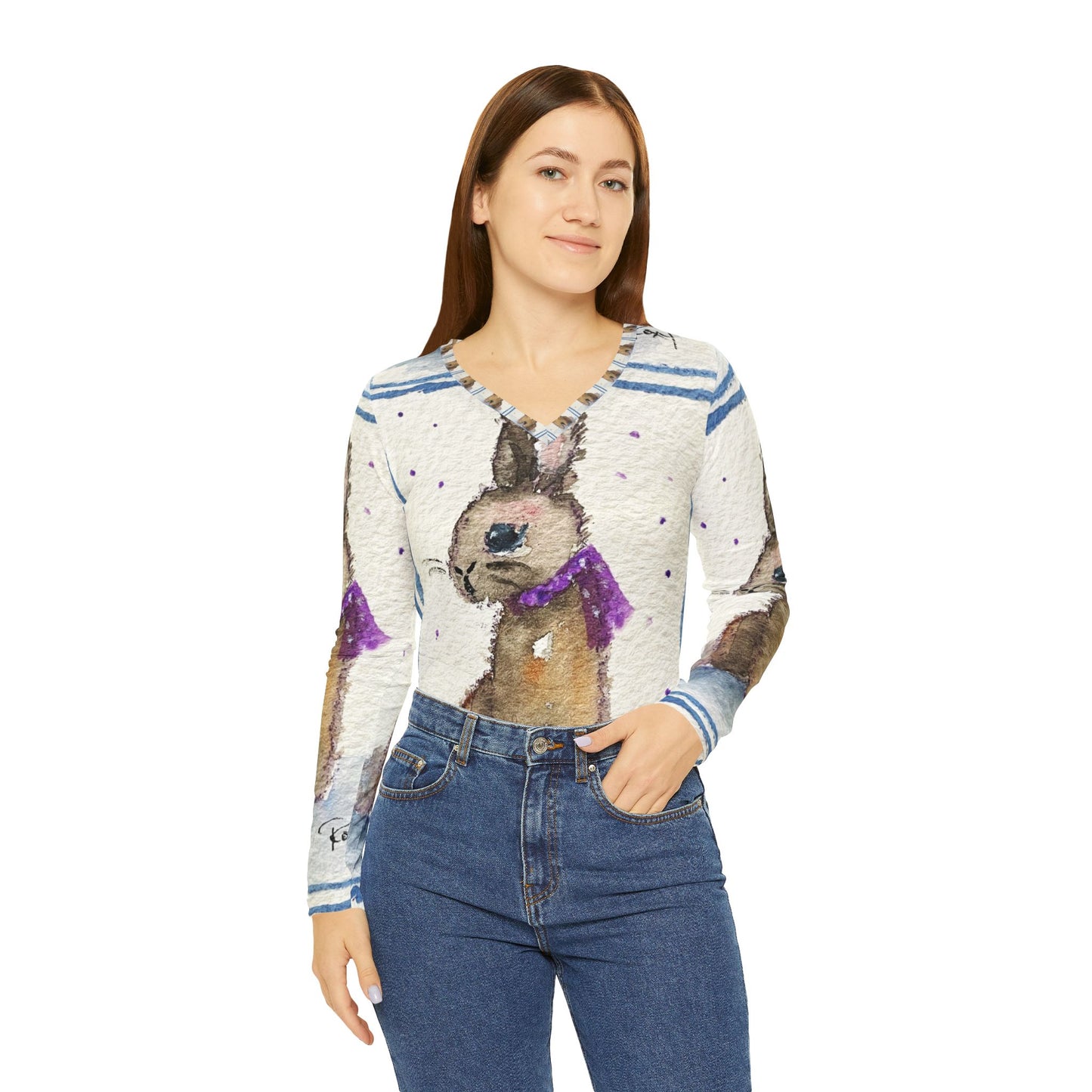 Long Sleeve Shirt- Scarf Bunny- V-neck Women's