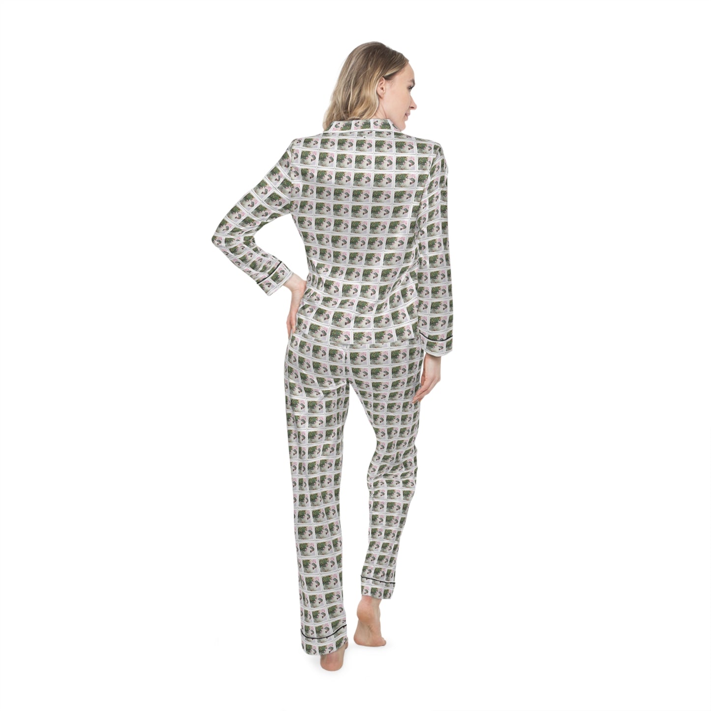 Satin Pajamas — Luxurious Silky Sleepwear Set-Hummingbird with Fuchsias