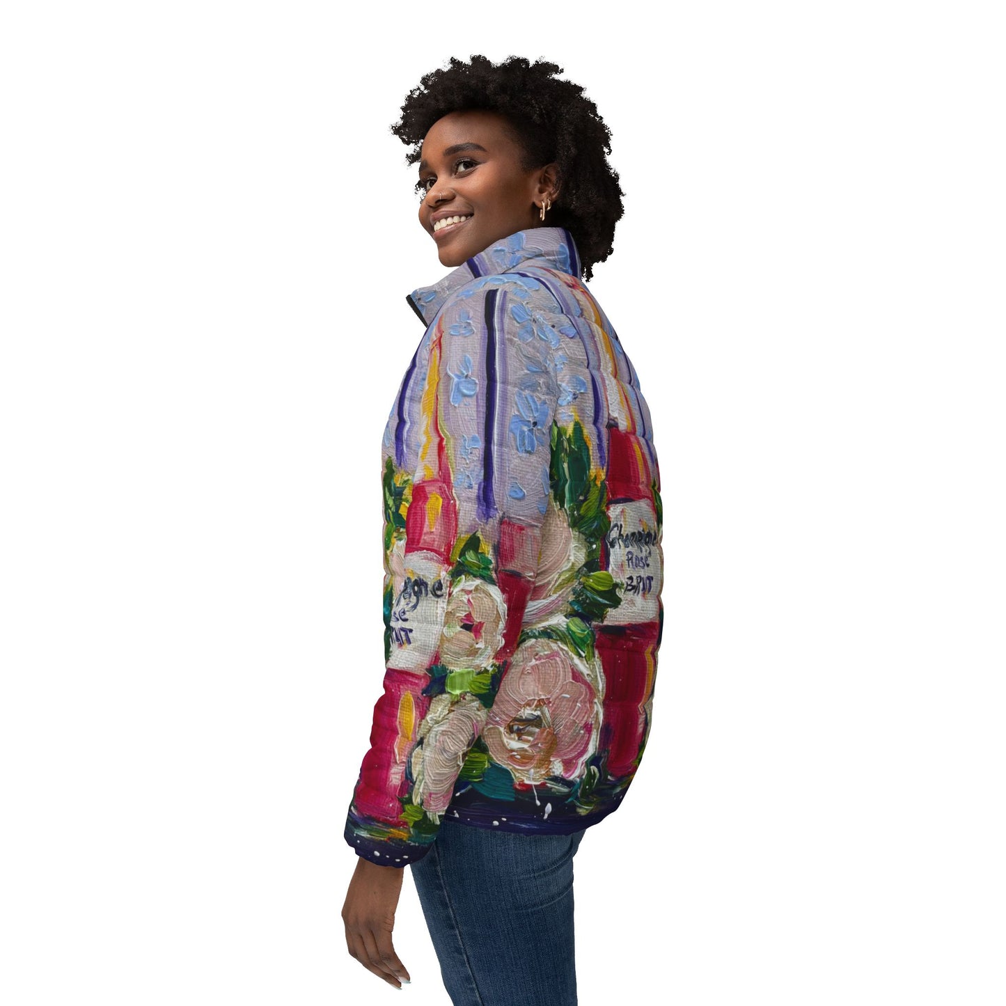 Women's Puffer Jacket - Roxy Rich Fine Art -Pink Champagne and Peonies