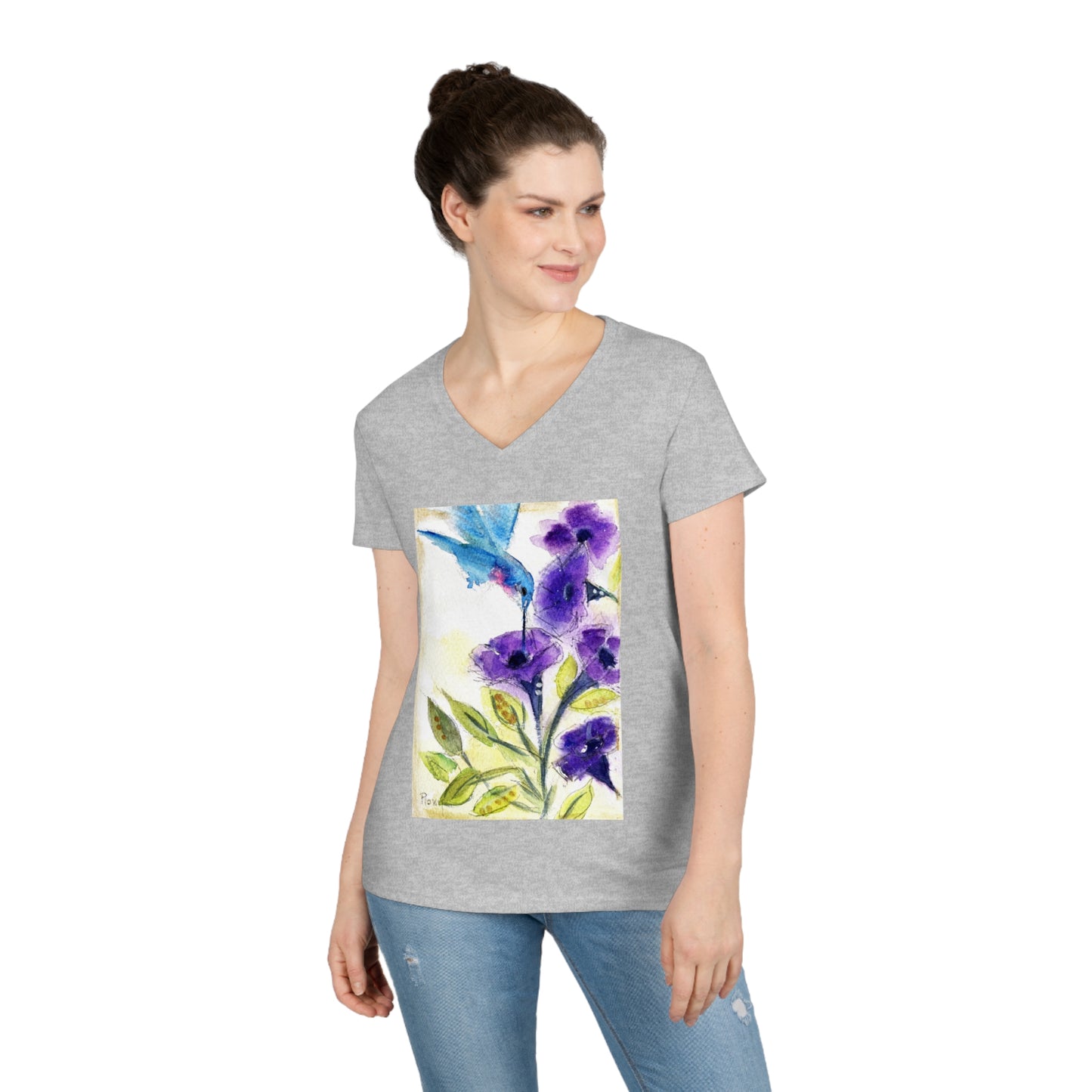 Colibri avec des fleurs en tube violet T-shirt col en V pour femme