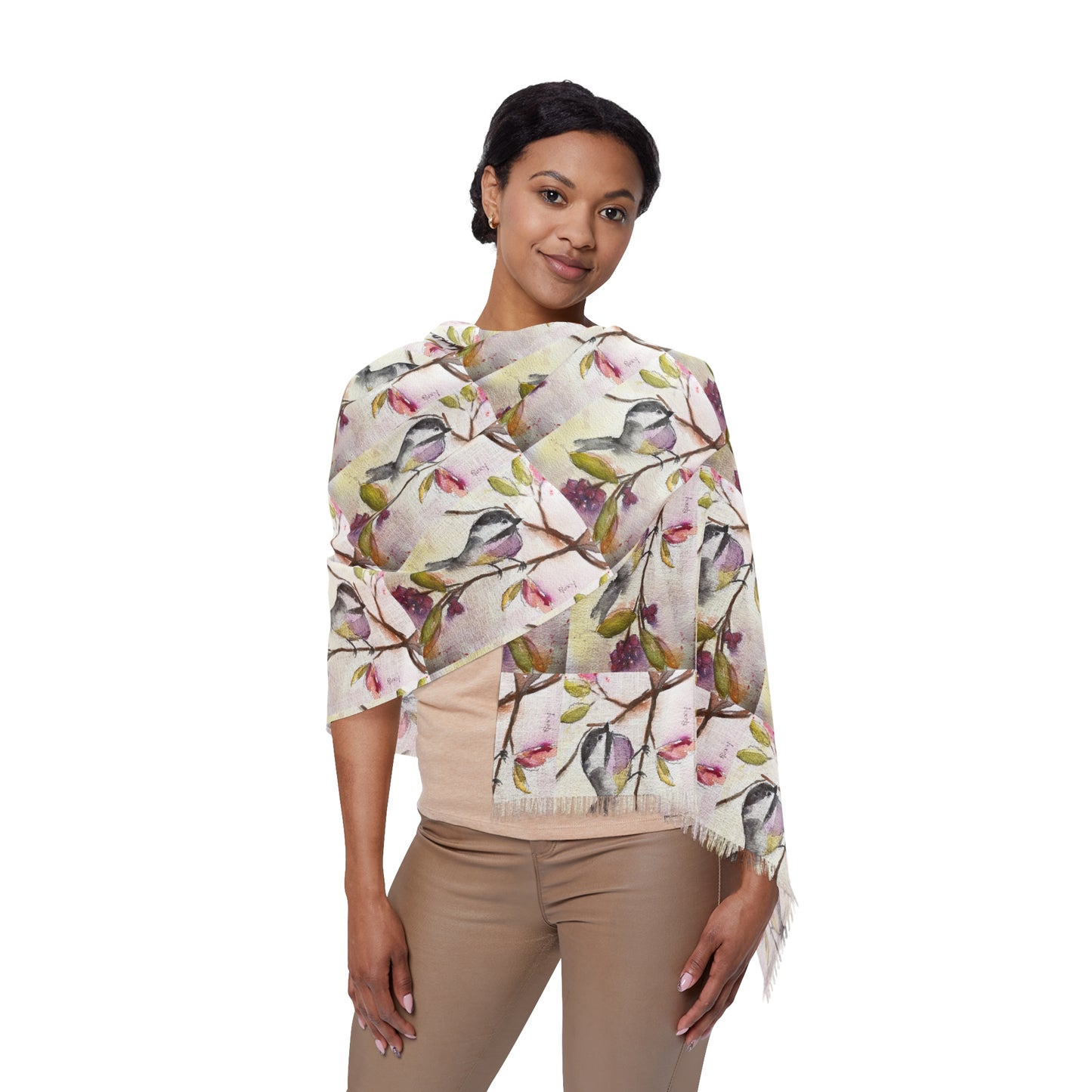 Colorful Scarf — Artistic Lightweight Neck Wrap- Chickadee in a Berry Tree
