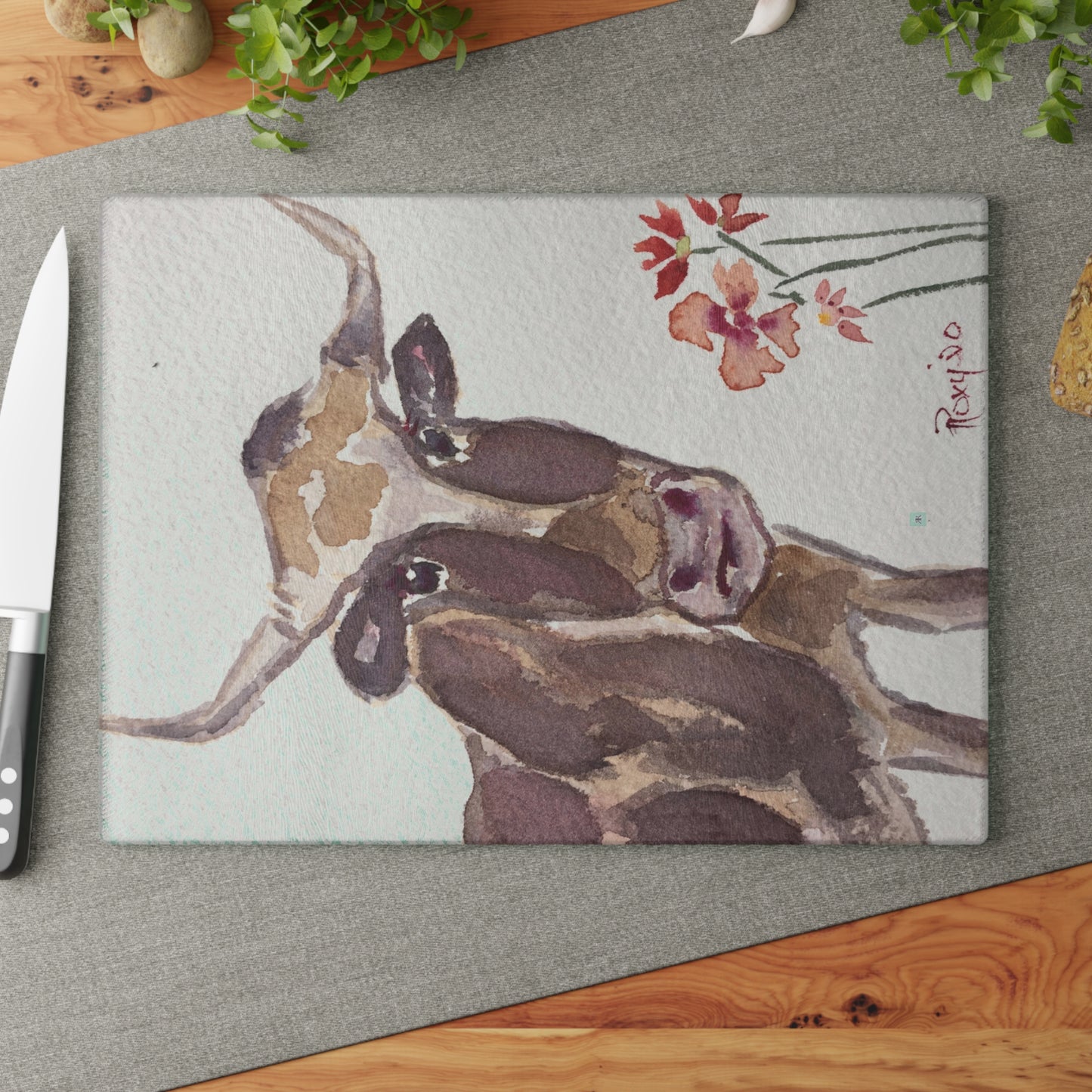 Lily Longhorn Whimsical Cow Glass Cutting Board