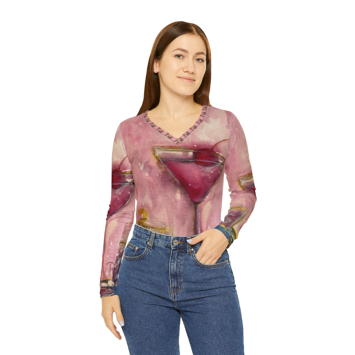 Women's Long Sleeve V-neck Shirt -Pink Martini