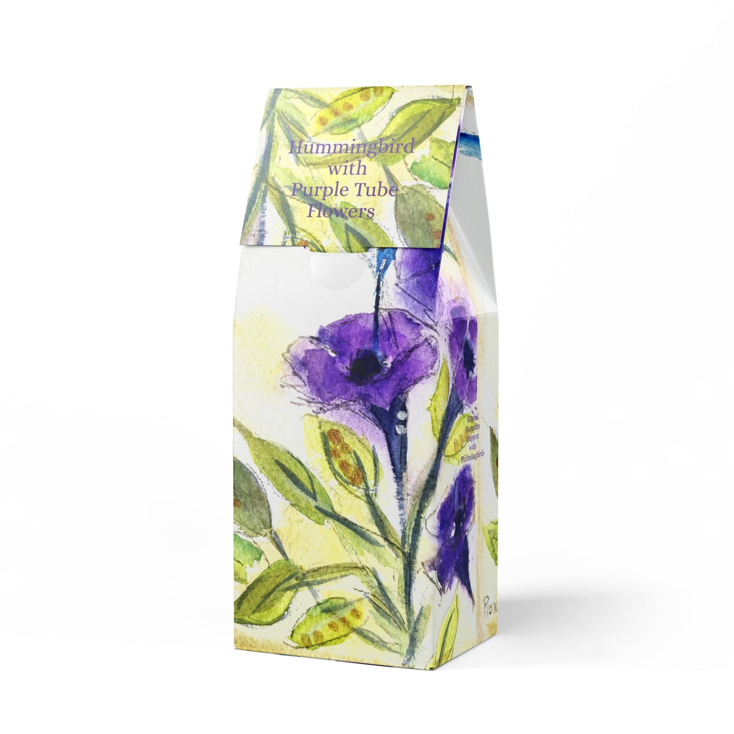 Hummingbird with Purple Tube Flowers- Toasty Roast Coffee 12.0z Bag