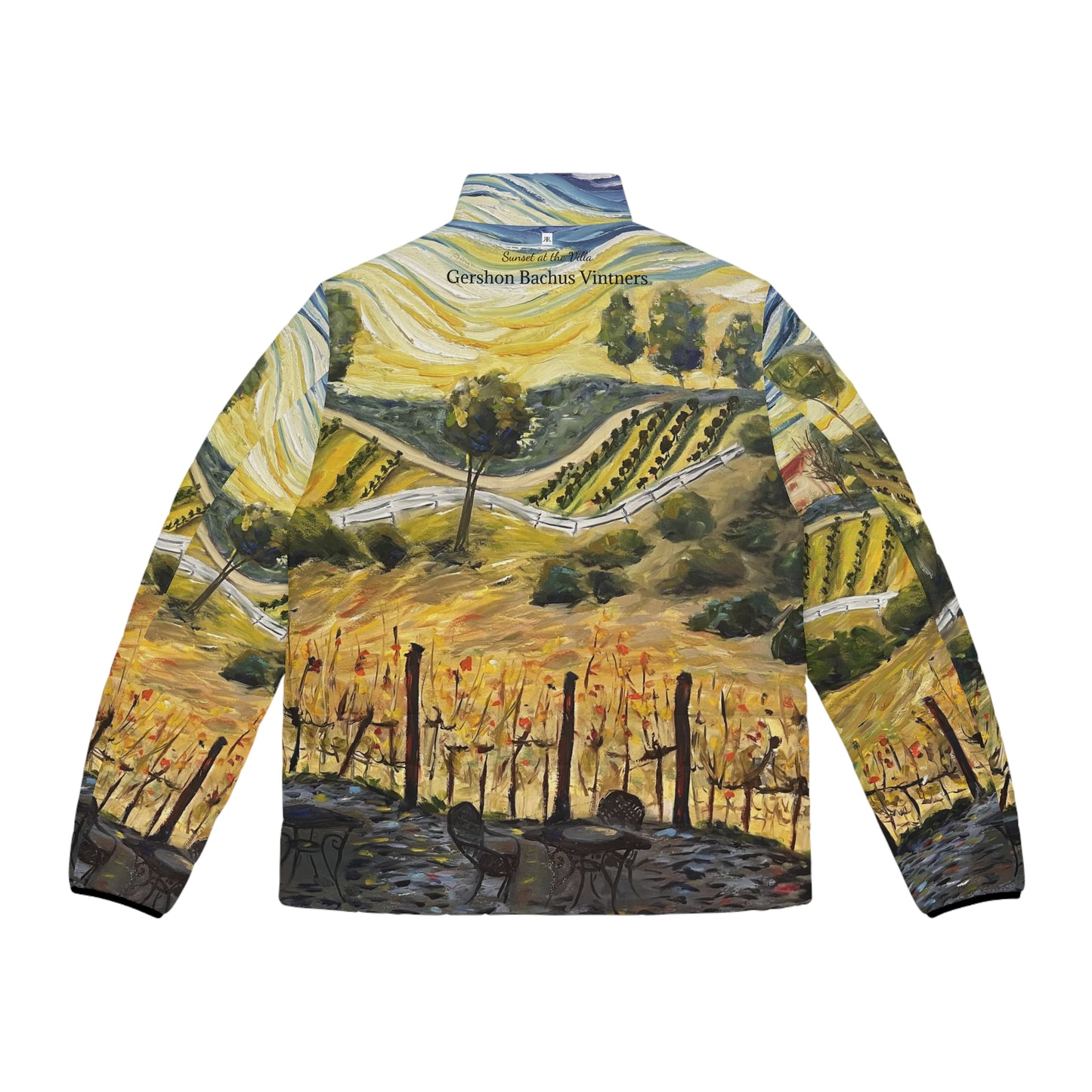 Men's Puffer Jacket - Roxy Rich Art, Unique Bright Colors-Sunset at the Villa  GBV