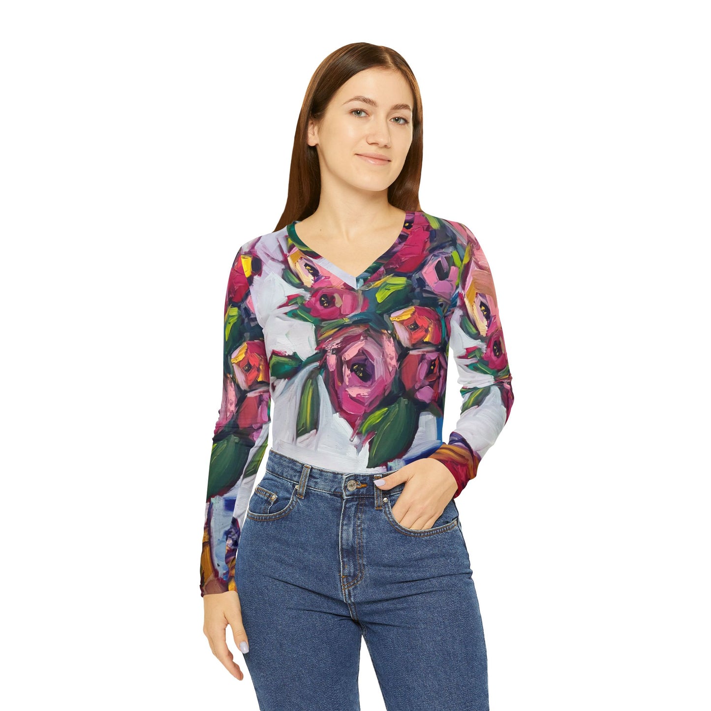 Bee Blooms Bee and Roses- All over Print Women's Long Sleeve V-neck Shirt