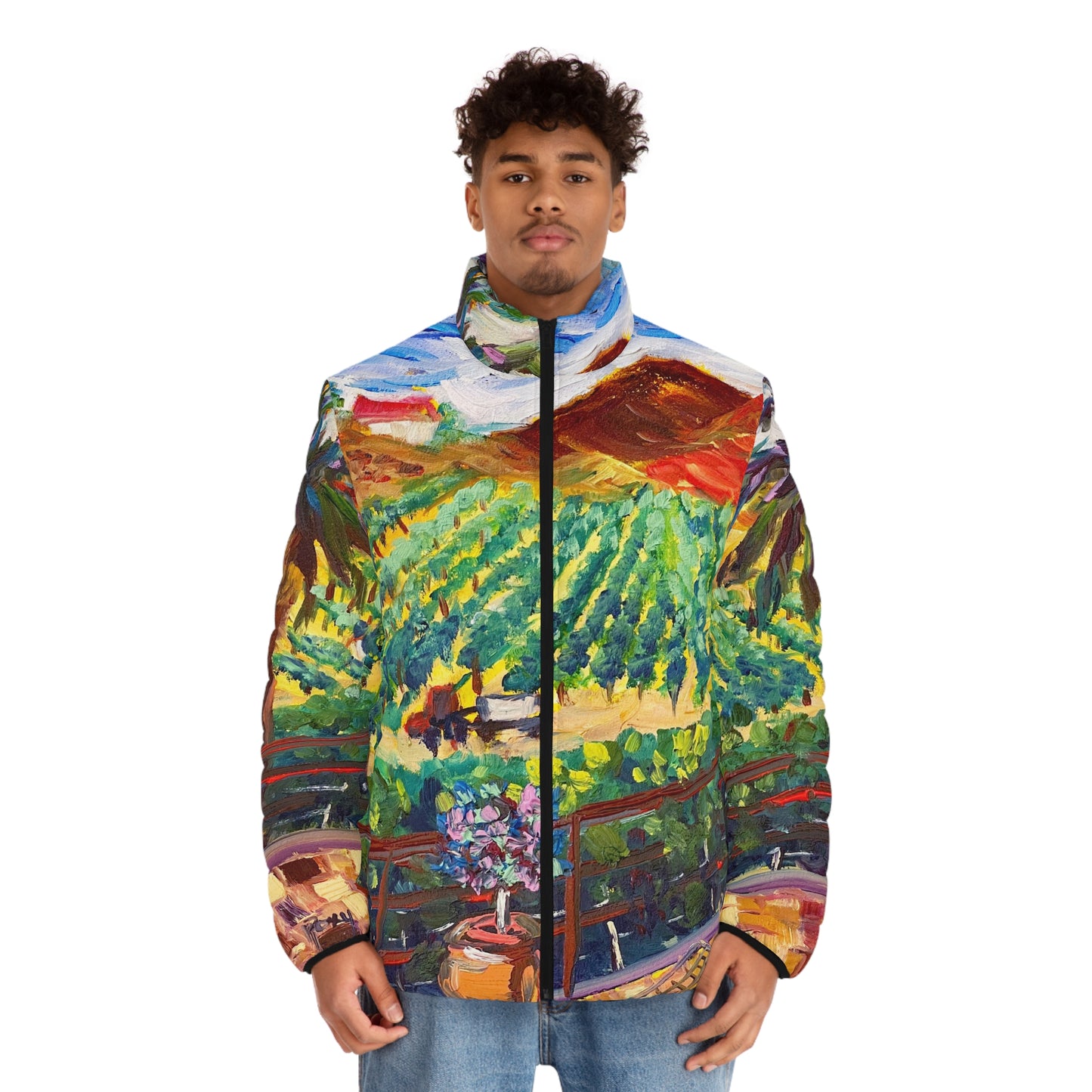 Men's Puffer Jacket - Roxy Rich Art, Unique Bright Colors-Vineyard View at Chapin
