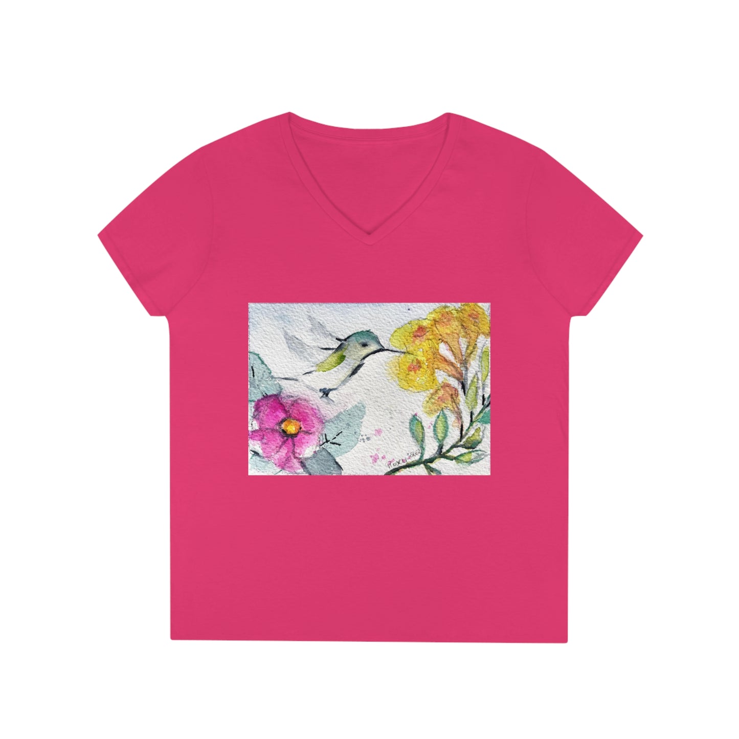 Hummingbird with Yellow Tube Flowers Ladies' V-Neck T-Shirt