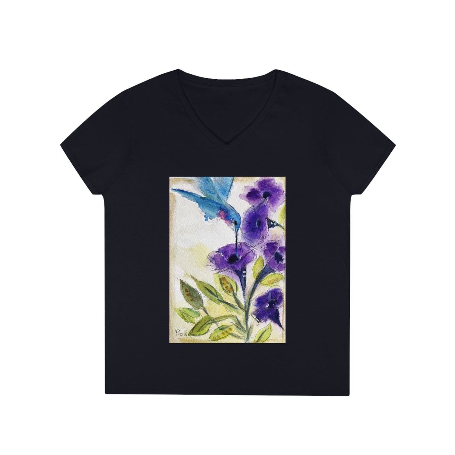 Camiseta con cuello en V para mujer Colibrí con flores de tubo moradas