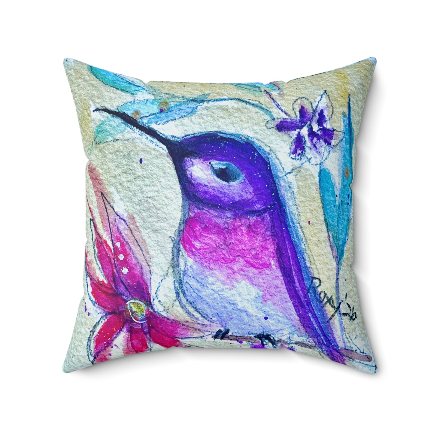 Purple Perch Hummingbird  Throw Pillow — Bright Colorful Accent Pillow
