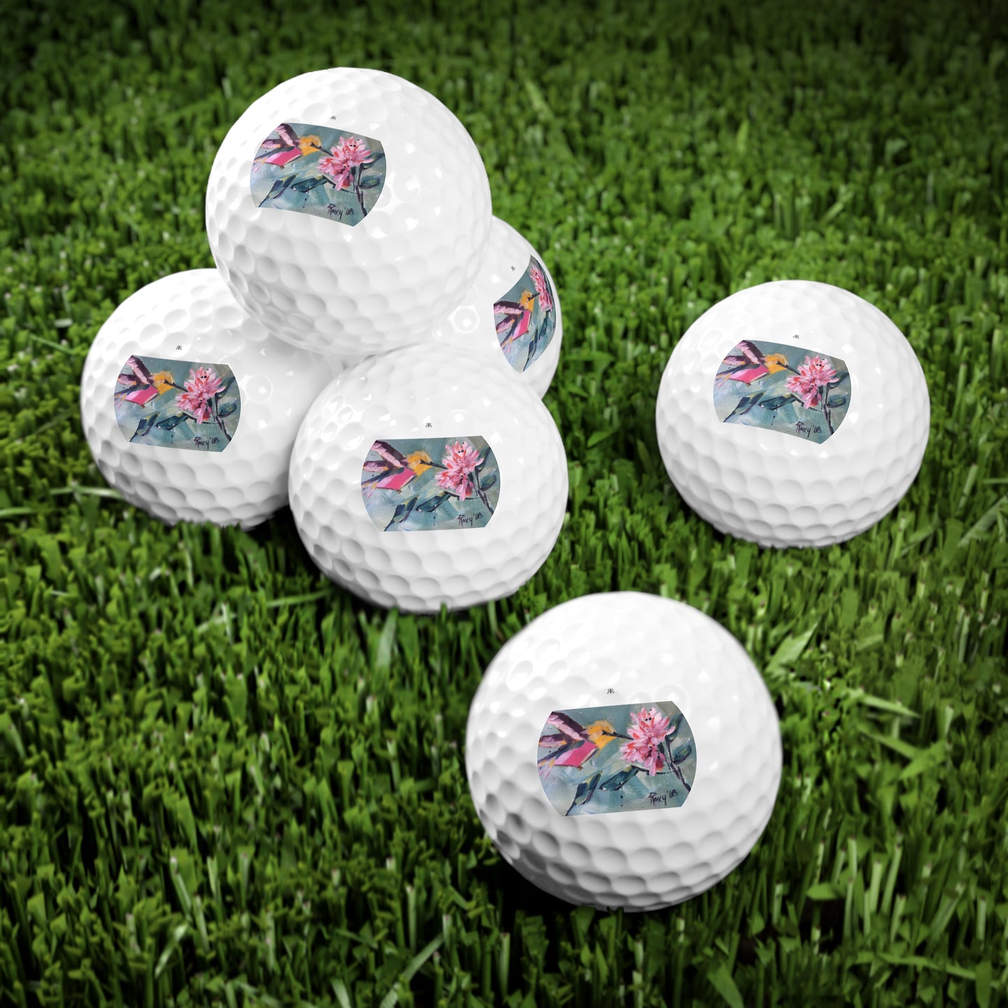 Golf Balls, 6pcs-Pink Hummingbird Pink Flower