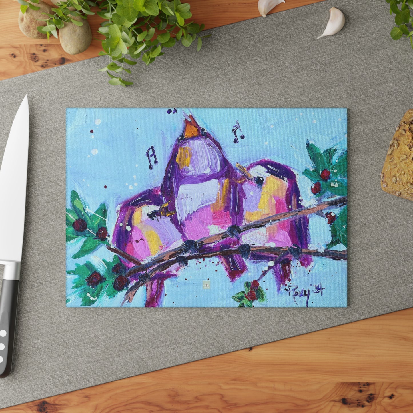 Glass Cutting Board-Fa La La -Whimsical Chirpy Birds Perched on a Snowy Branch with Berries